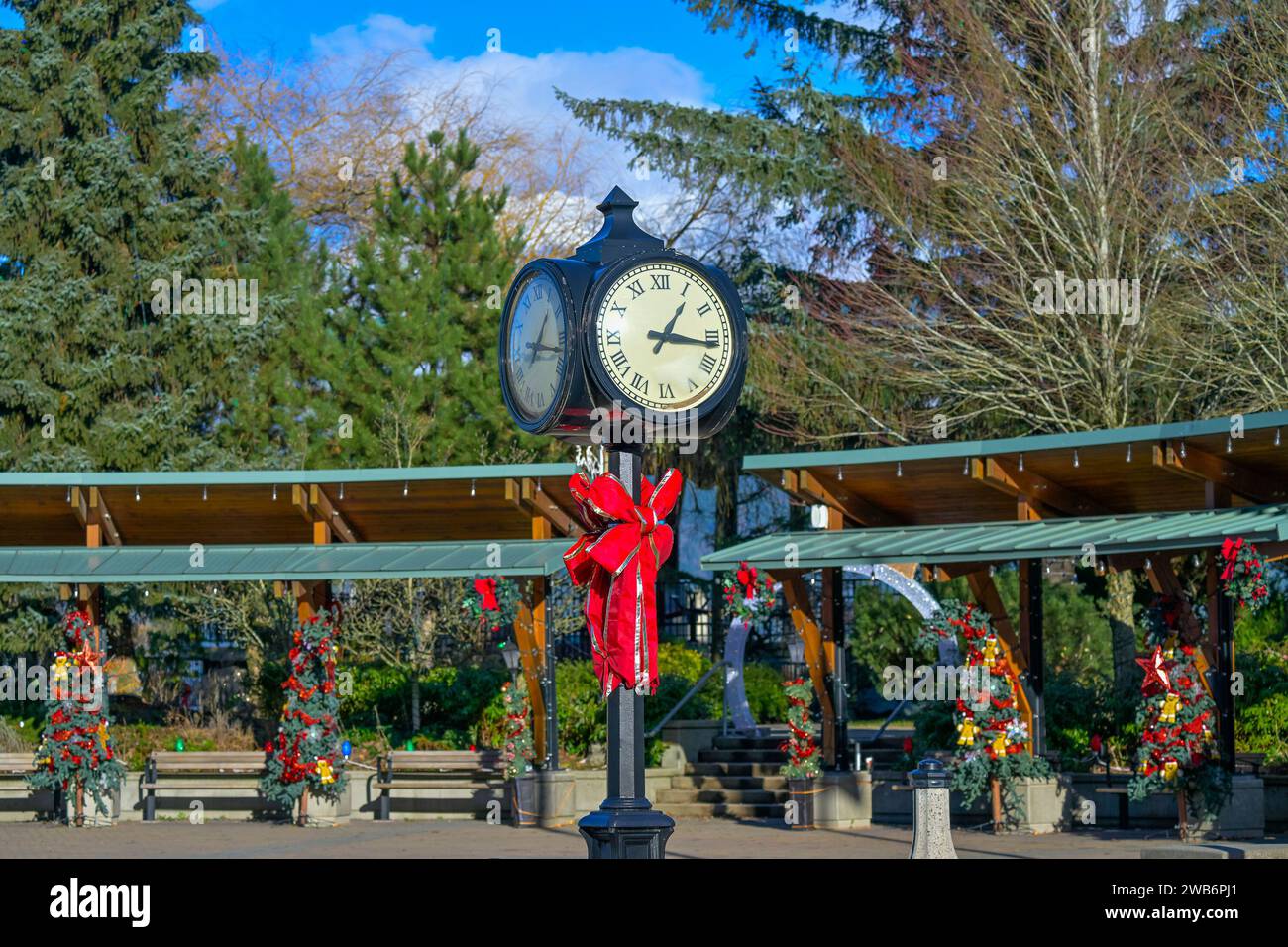Town clock, Christmas display, Harrison Hot Springs, British Columbia, Canada Stock Photo