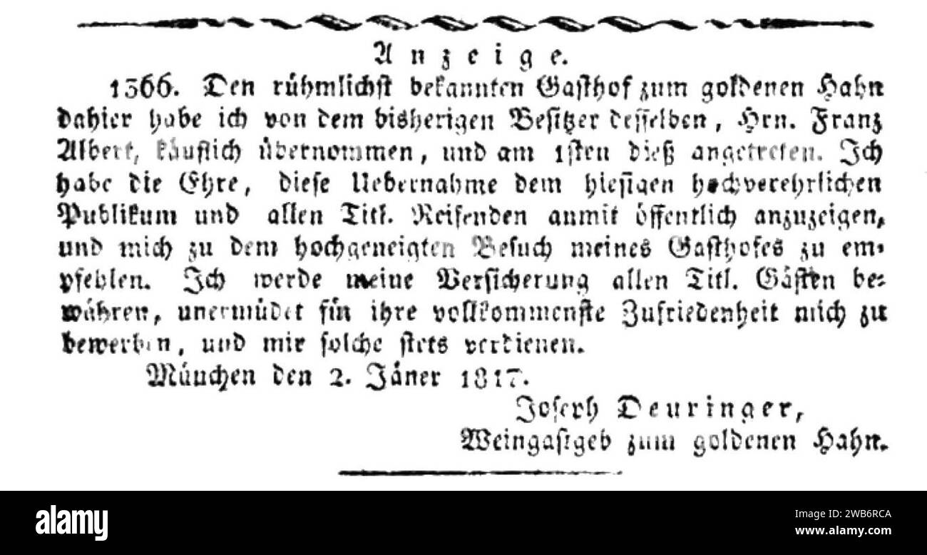 1817-01-02 Anzeige der Übernahme des „Gasthofs zum goldenen Hahn“ durch Joseph Deuringer. Stock Photo