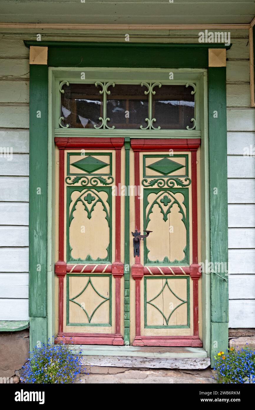 Gothic Revival front doors on a traditional wooden house in Viljandi, Estonia. Stock Photo