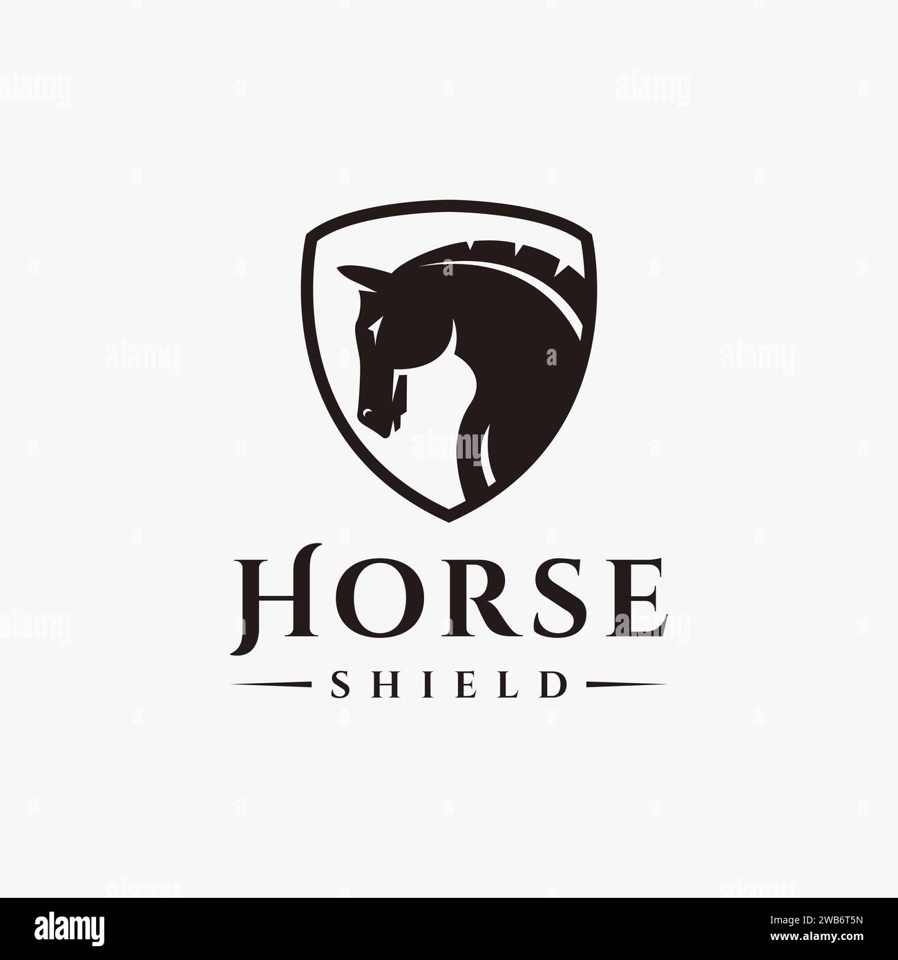 Simple powerful horse logo and shield on white background Stock Vector