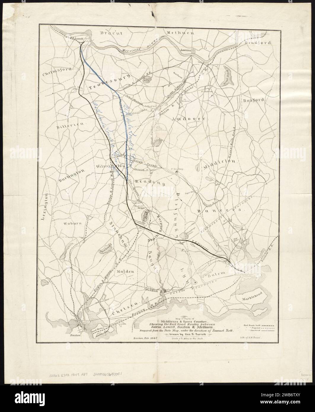 1847 Map of parts of Middlesex & Essex counties, showing the rail road routes between Salem, Lowell, Boston & Methuen, by George B. Parrott, Samuel Nott, Ephraim W. Bouvé, Stock Photo