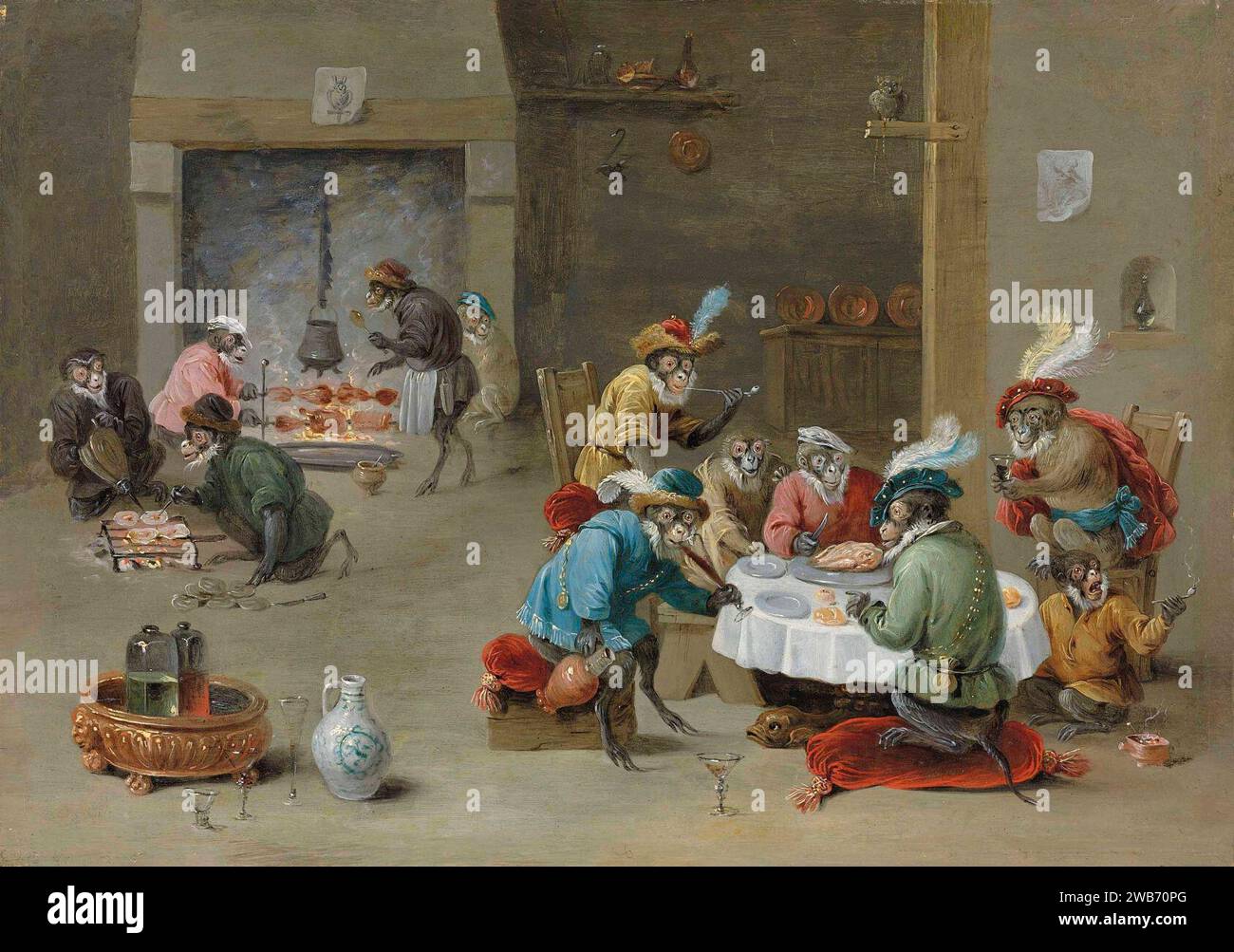 Abraham Teniers - Monkeys smoking, drinking and preparing a meal in a ...