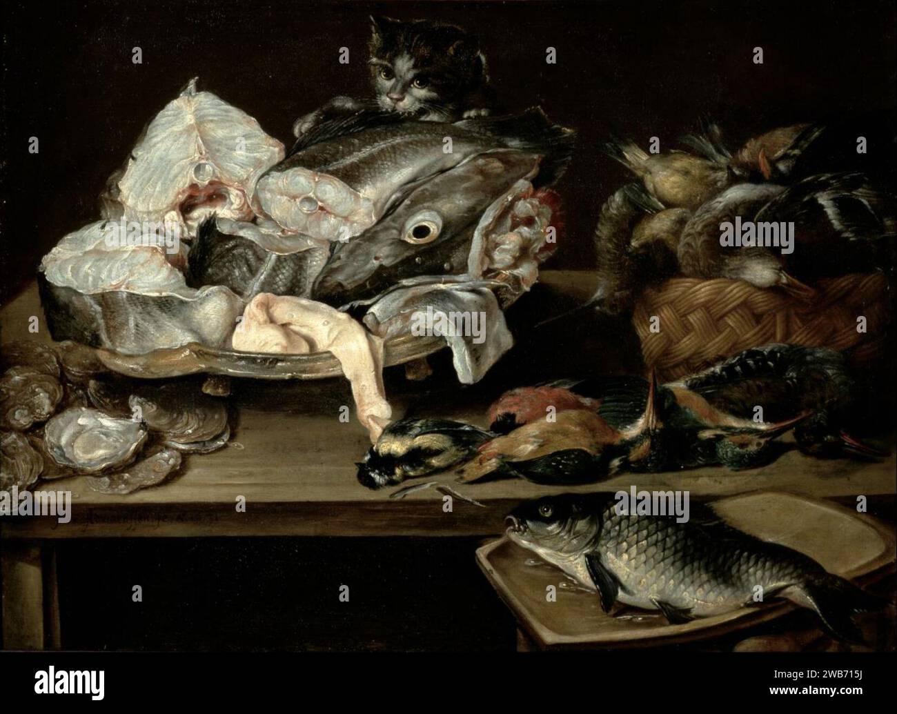 Still life with fish, fruit, vegetables and kitchen utensils . between 1630  and 1661 277 Alexander Adriaenssen - Still life with fish, fruit,  vegetables and kitchen utensils Stock Photo - Alamy