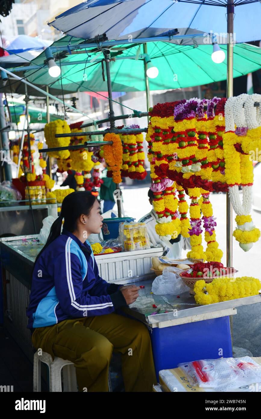 Flower garlands sold by the Sri Maha Mariamman Temple on Silom Road, Bangkok, Thailand. Stock Photo
