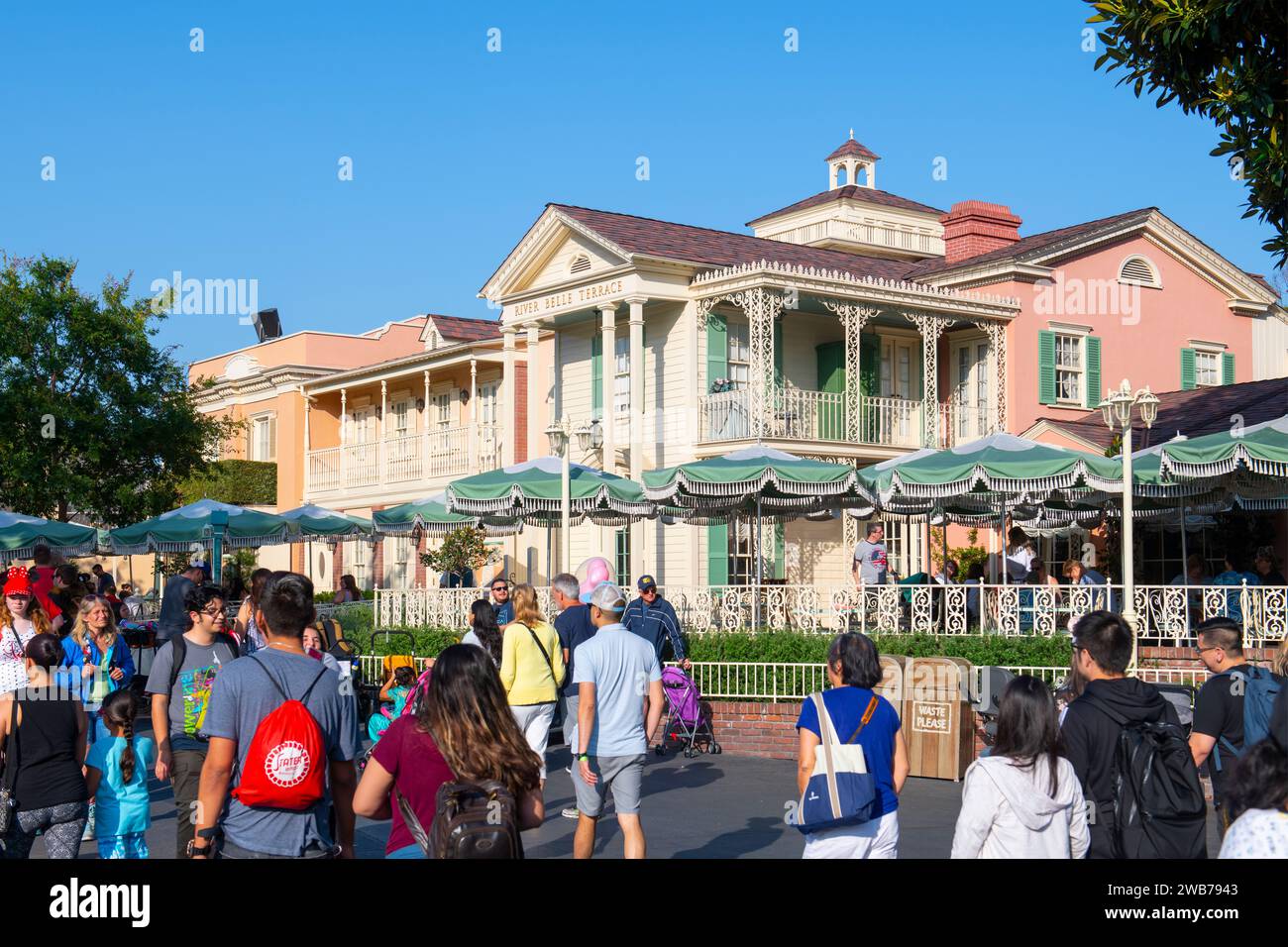 River Belle Terrace restaurant at New Orleans Square in Disneyland Park in Anaheim, California CA, USA. Stock Photo