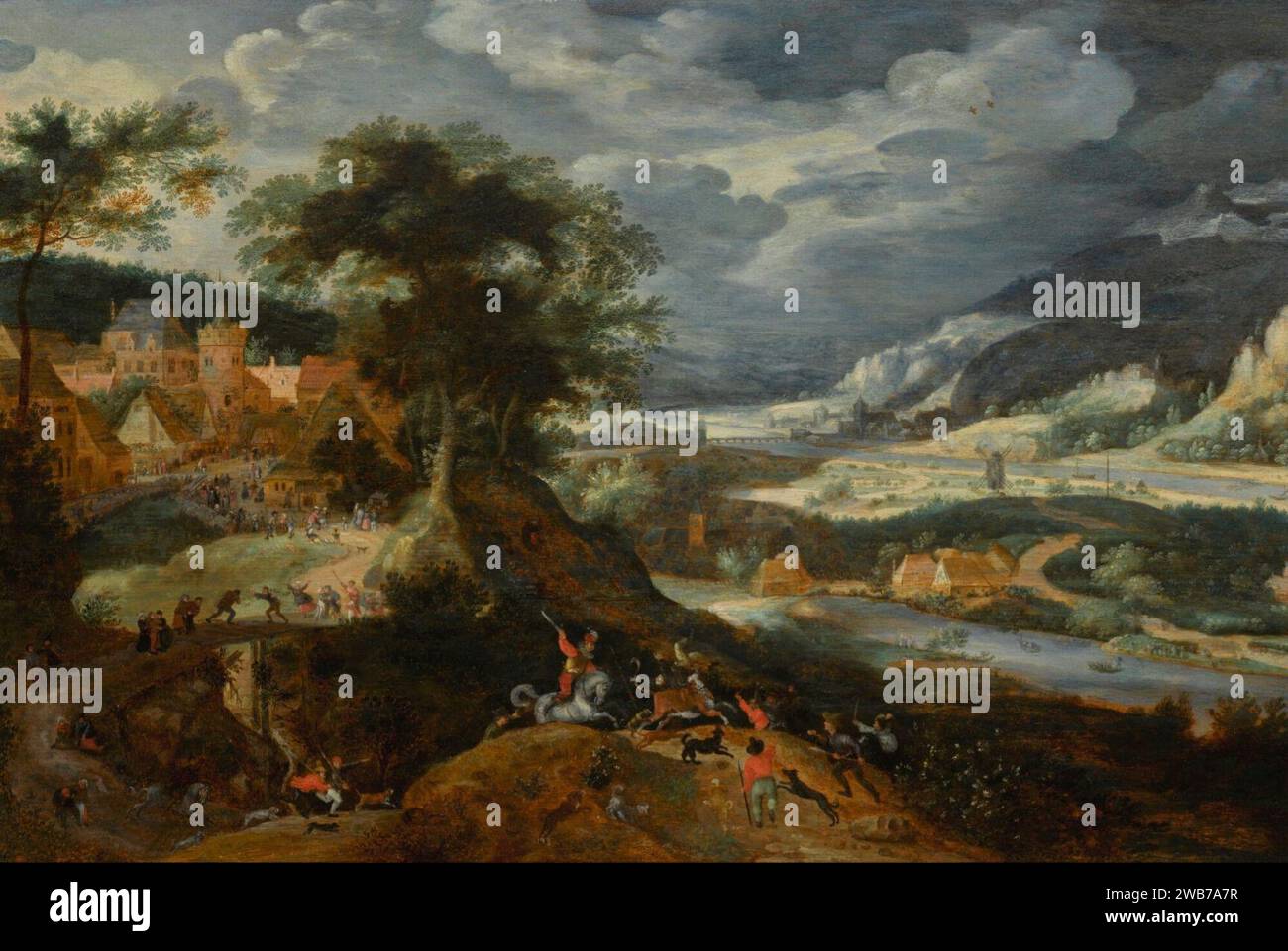 Jacob Savery the Elder - Extensive landscape with a bull hunt. Stock Photo