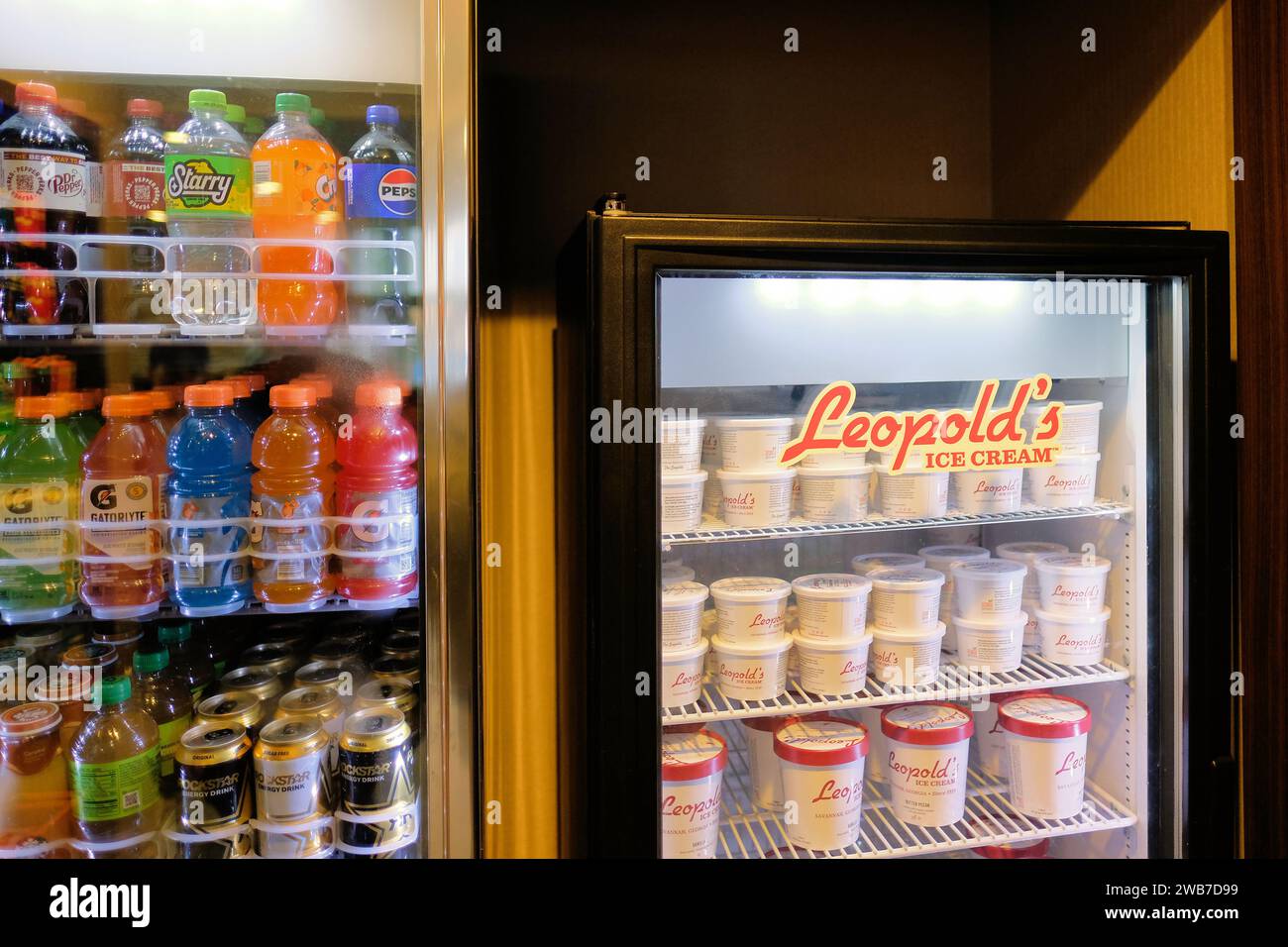 Leopold's Ice Cream refrigerator with tubs for sale; Leopold's was founded in Savannah, Georgia in 1919 and is a locally made local favorite. Stock Photo