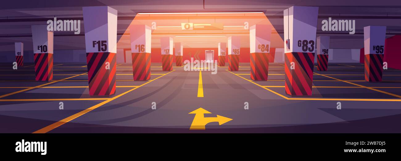 Empty underground car parking interior with markings and direction arrows, concrete floor and columns. Cartoon vector illustration of public basement Stock Vector