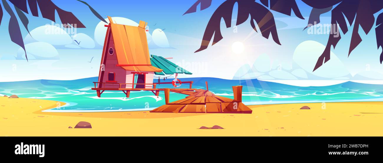 Fisherman house with pier on beach. Vector cartoon illustration of tropical island, ocean water waves washing sandy coast, exotic palm trees, wooden b Stock Vector