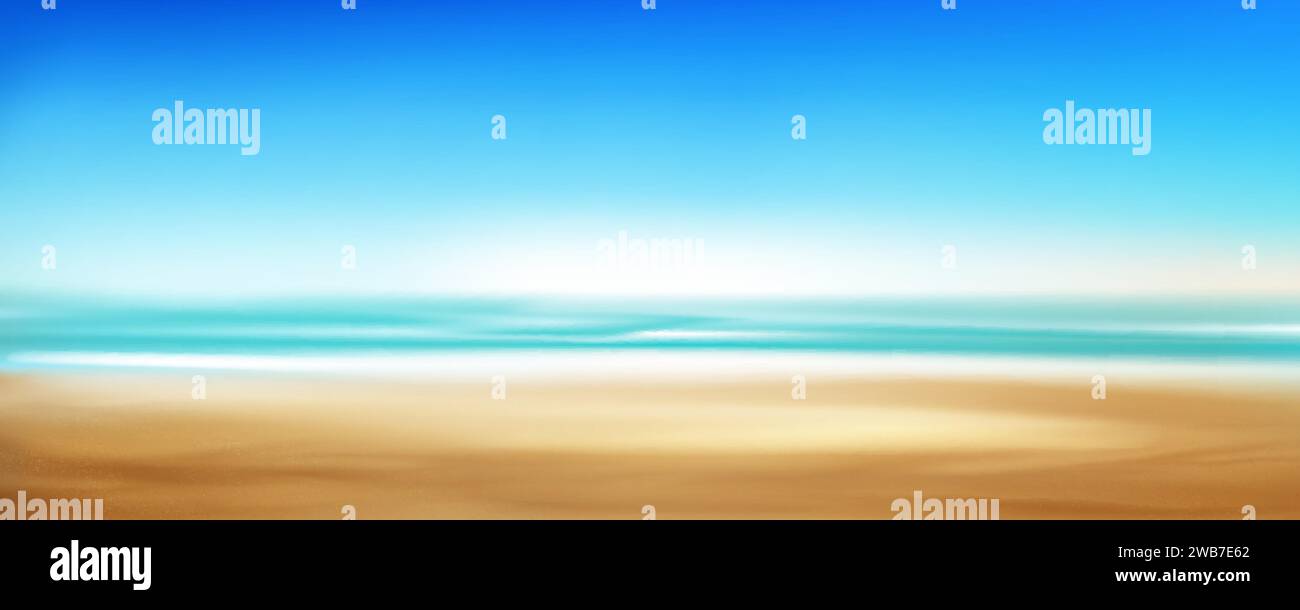 Realistic sand beach with blue water of sea or ocean and clear sky ...