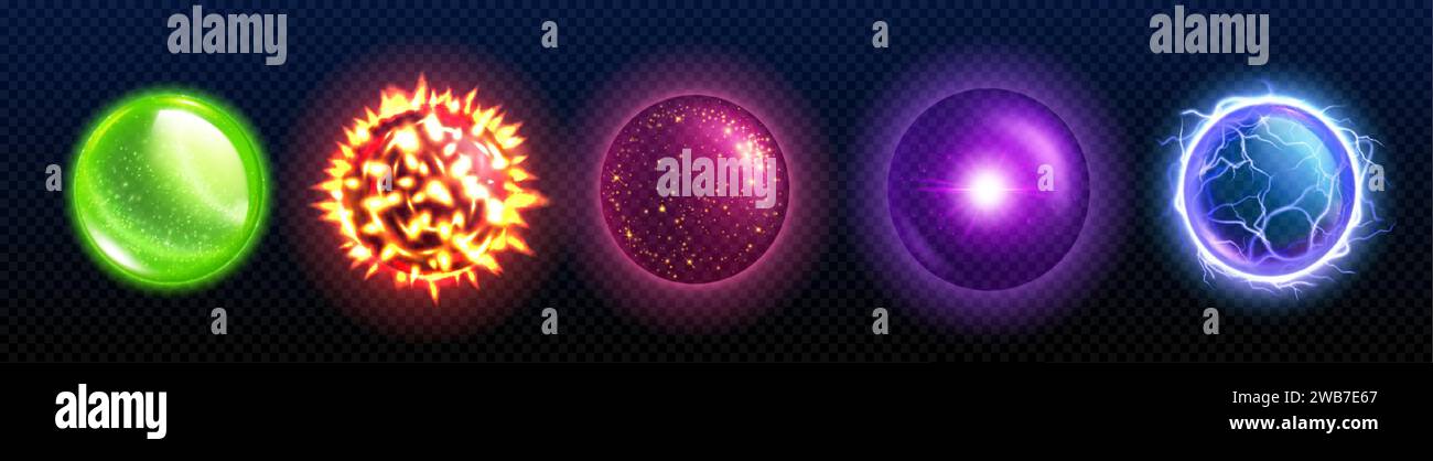 Magic game balls set isolated on transparent background. Vector realistic illustration of neon color energy balls with explosion, sparkling texture, f Stock Vector