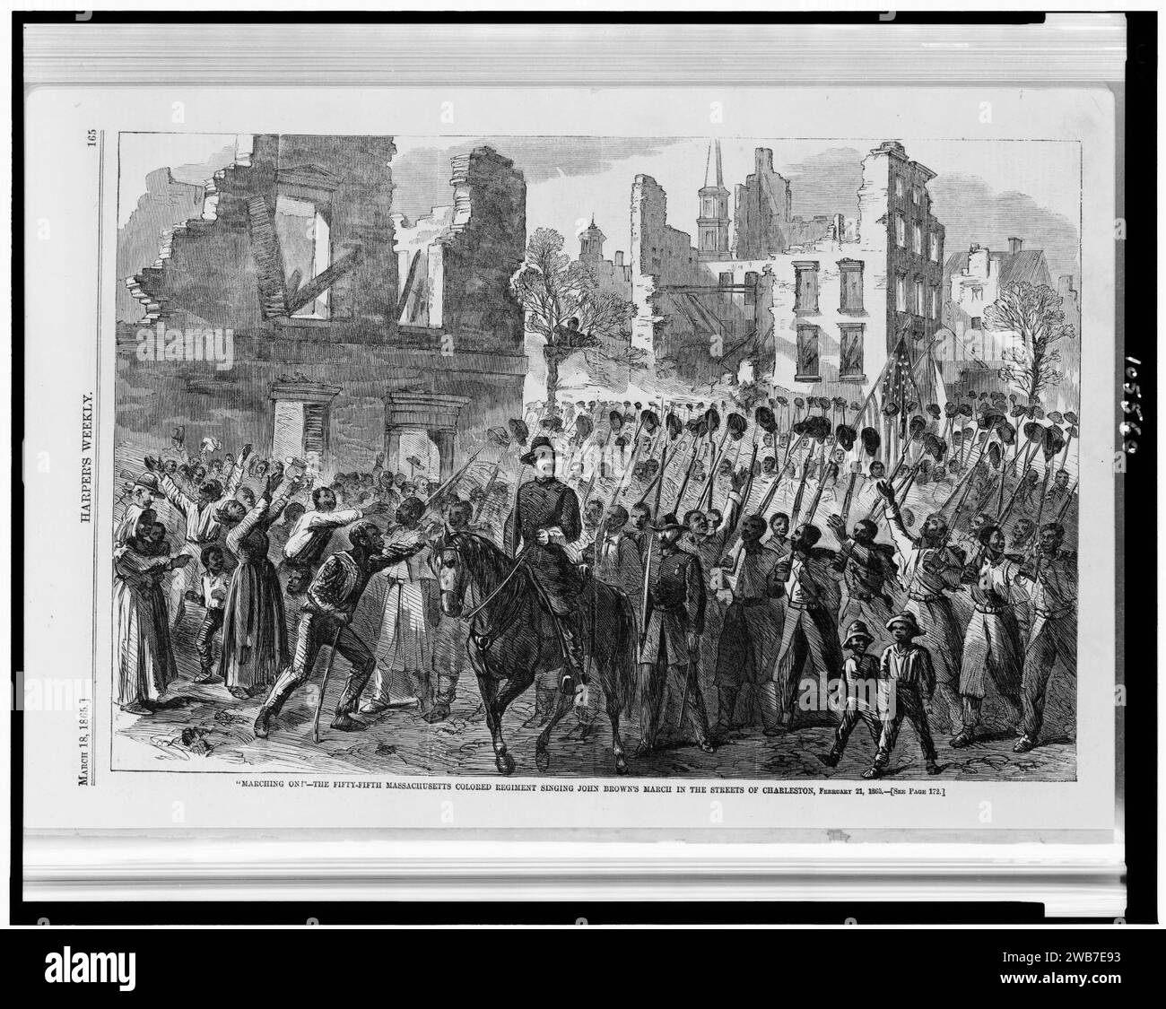 ''Marching on!''-The Fifty-fifth Massachusetts Colored Regiment singing John Brown's March in the streets of Charleston, February 21, 1865 Stock Photo