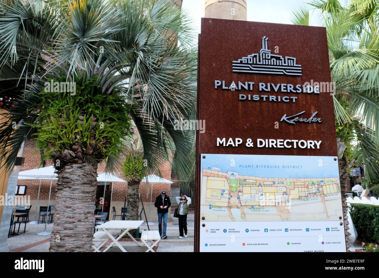 Plant Riverside District map and directory in historic downtown Savannah, Georgia; entertainment, dining, and shopping destination. Stock Photo