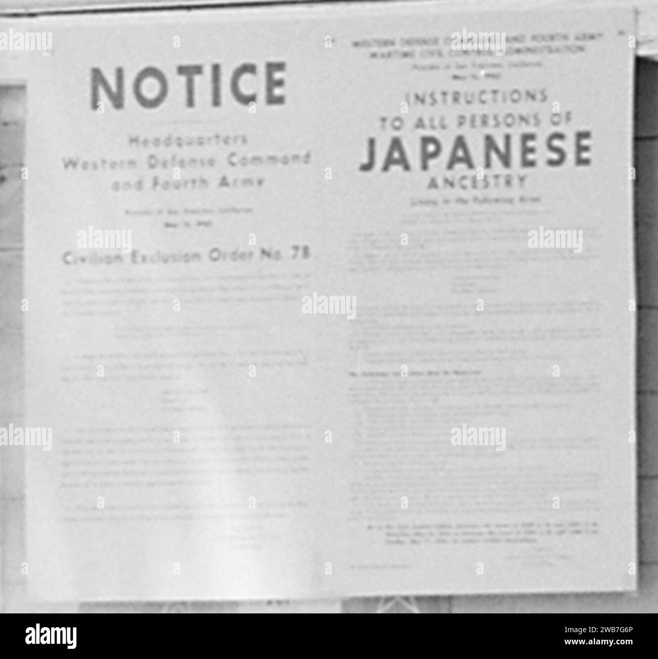 ''NOTICE Headquarters Western Defense Command and Fourth Army Civilian Exclusion Order No. 78'' detail, Woodland, California. Entrance to American Legion Hall, now used by Wartime Civil Control Administr . . . - Stock Photo