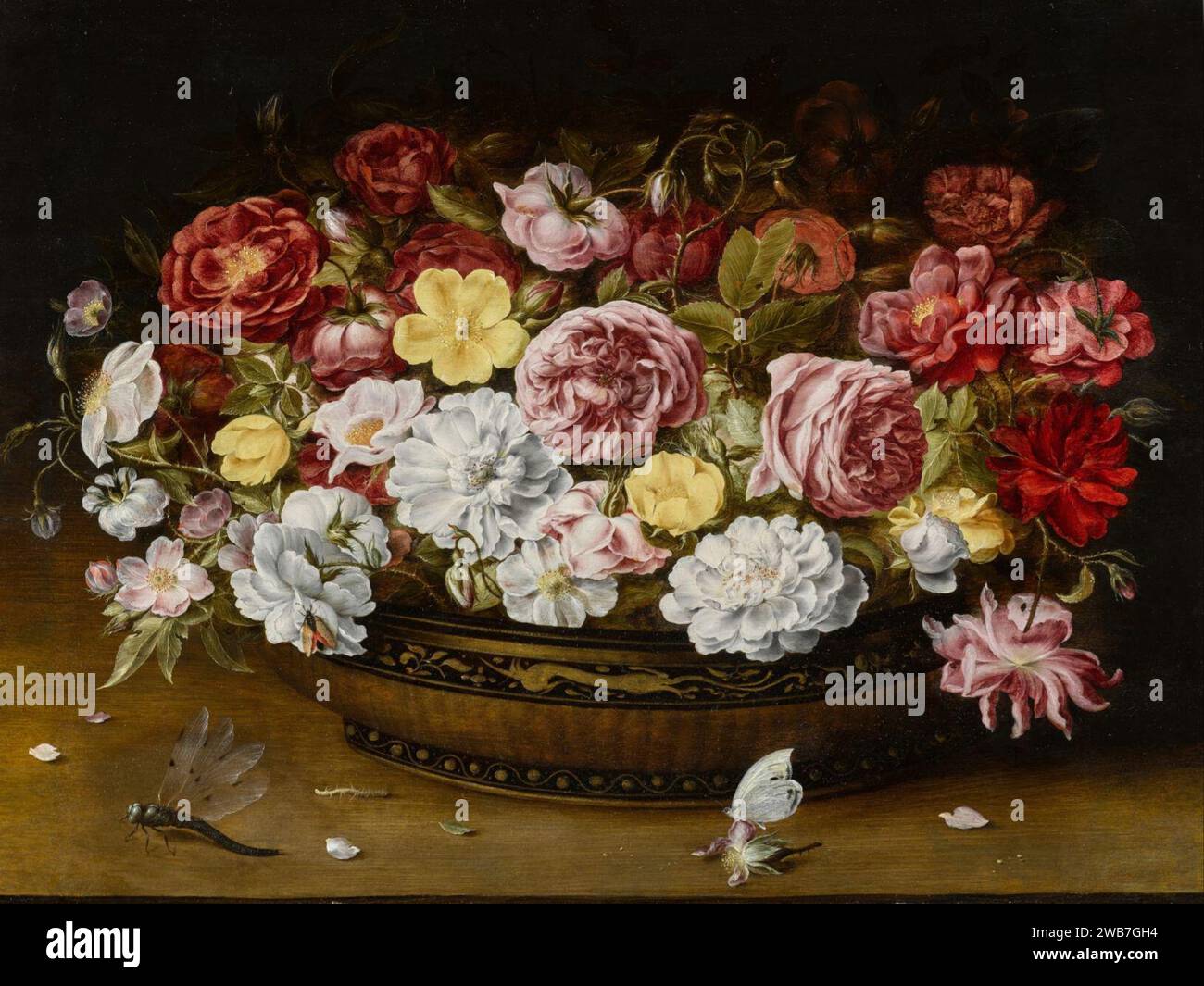 Osias Beert - Still life of roses in an oriental lacquer and canework bowl, on a ledge with a butterfly and dragonfly. Stock Photo