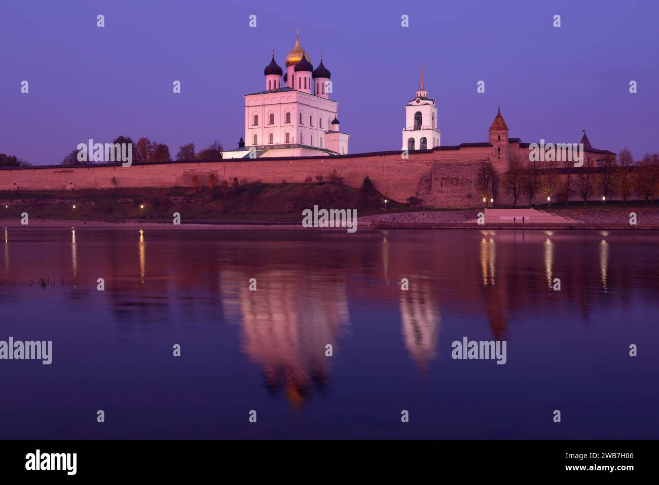 Lilac October evening at the ancient Pskov Kremlin. Pskov, Russia Stock Photo