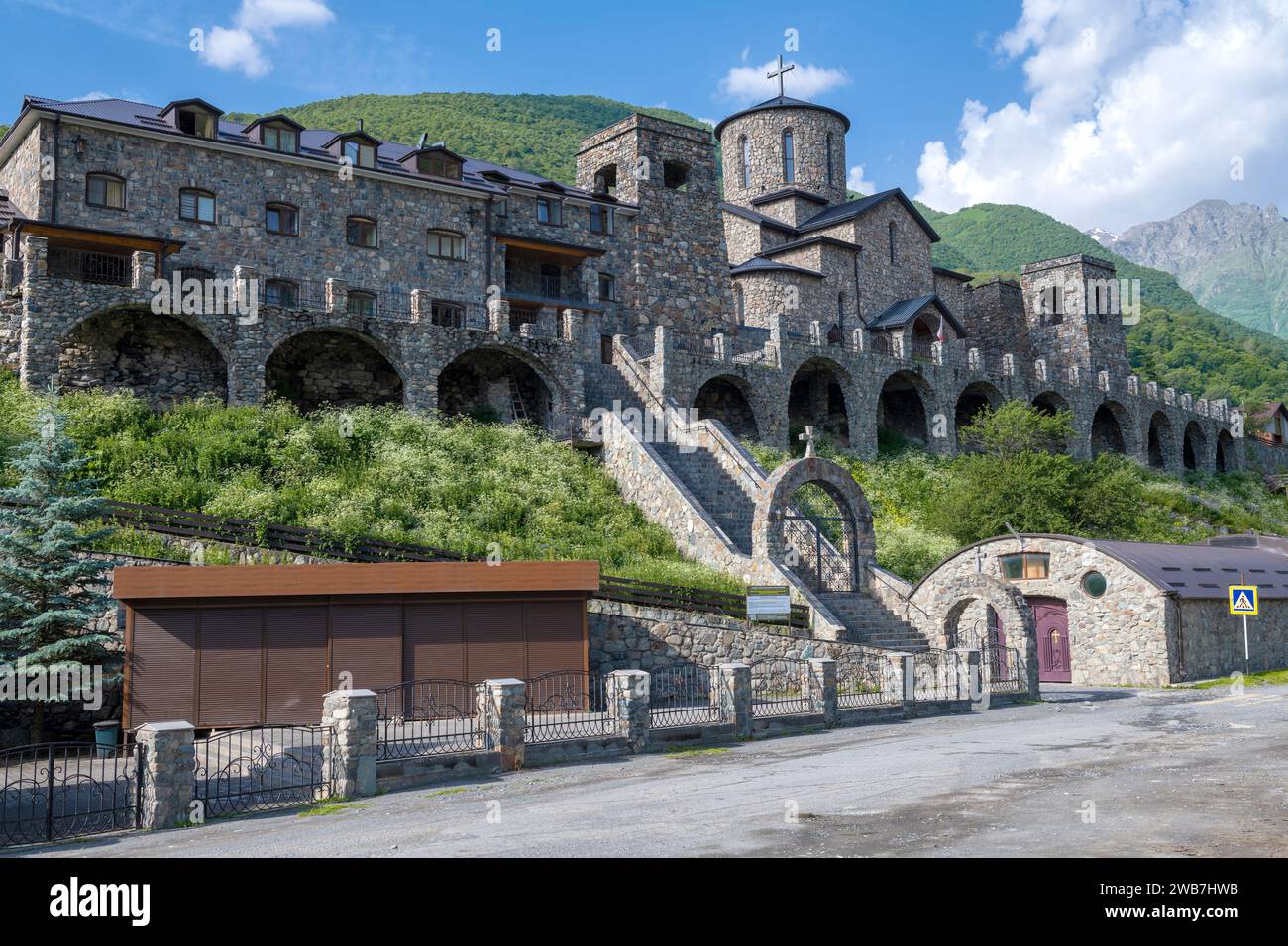 Orthodox Alan Assumption Monastery on a sunny June morning. Hidicus. Northern Ossetia-Alania, Russian Federation Stock Photo