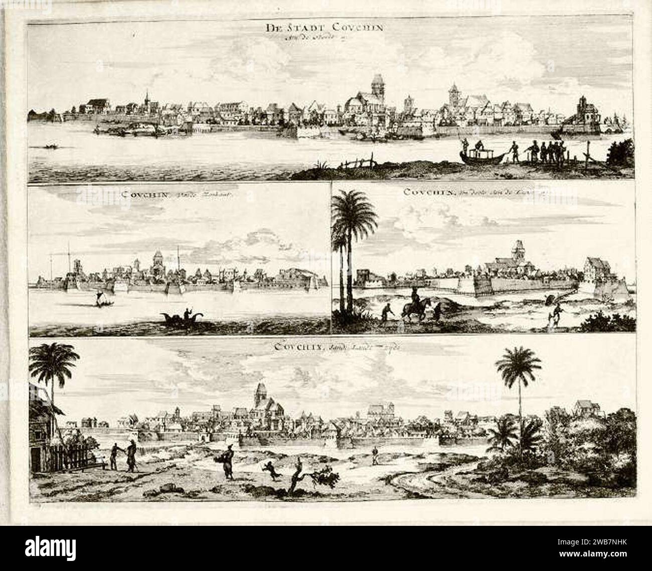 ''The City of Cochin all sides,'' a panoramic view from 'A True and Exact Description of the most Celebrated East-India Coasts of Malabar and Coromandel; as also of the Isle of Ceylon' by Philip Baldaeus, London, 1752 (orig. ed. 1672). Stock Photo