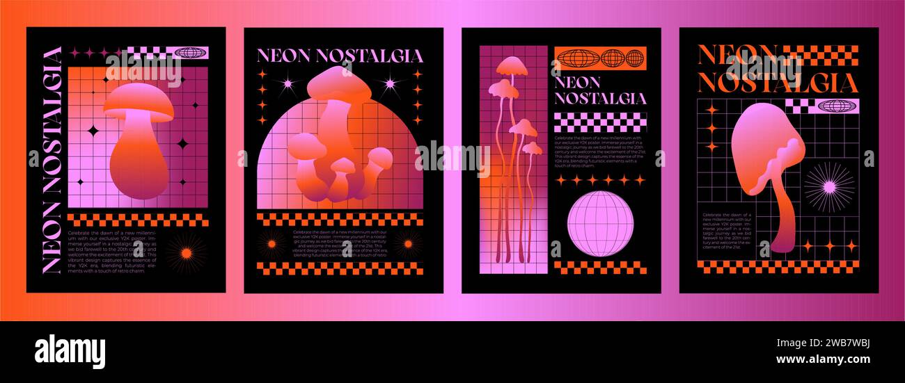 Y2k retro style poster template with mushrooms and grid elements in bright neon gradient acid pink and black color. 2000s streetwear aesthetic banner layout with trippy graphic fungi and text box. Stock Vector