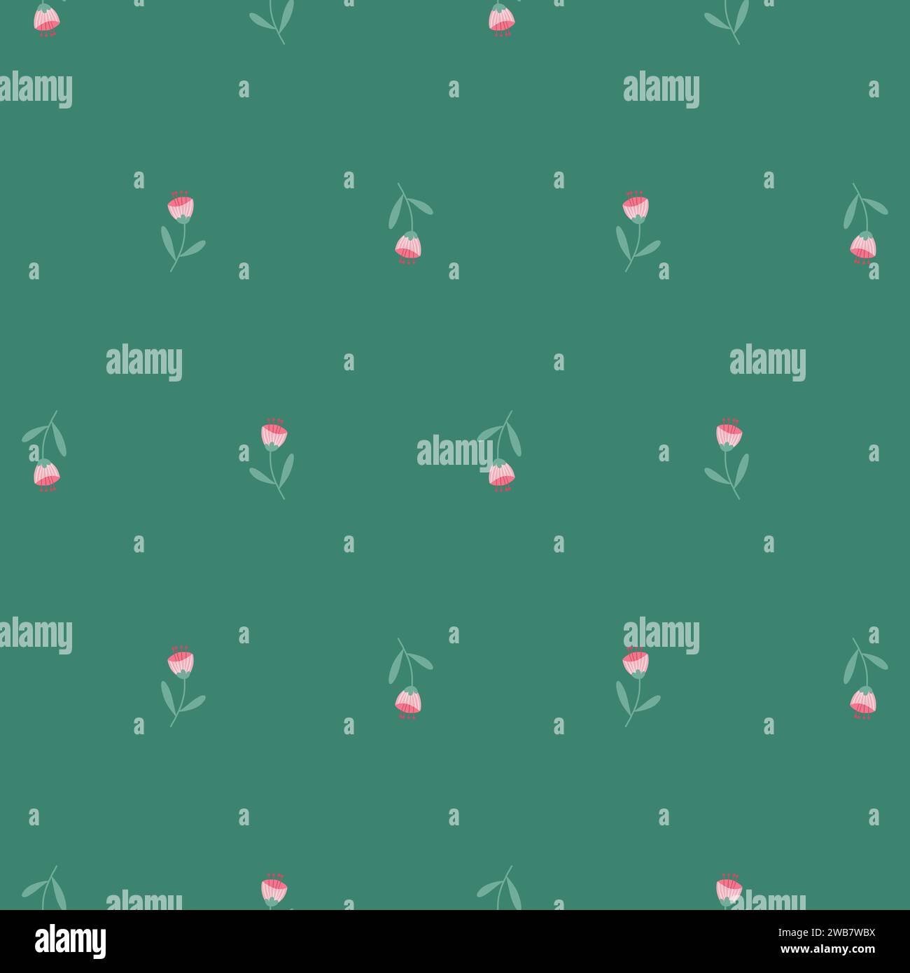 Floral Seamless Pattern of Sparse Pink Tiny Flowers on Viridian Green Background. Wallpaper Design for Textiles, Fabrics, Papers Prints, Fashion Backgrounds, Wrappings, Packaging. Stock Vector