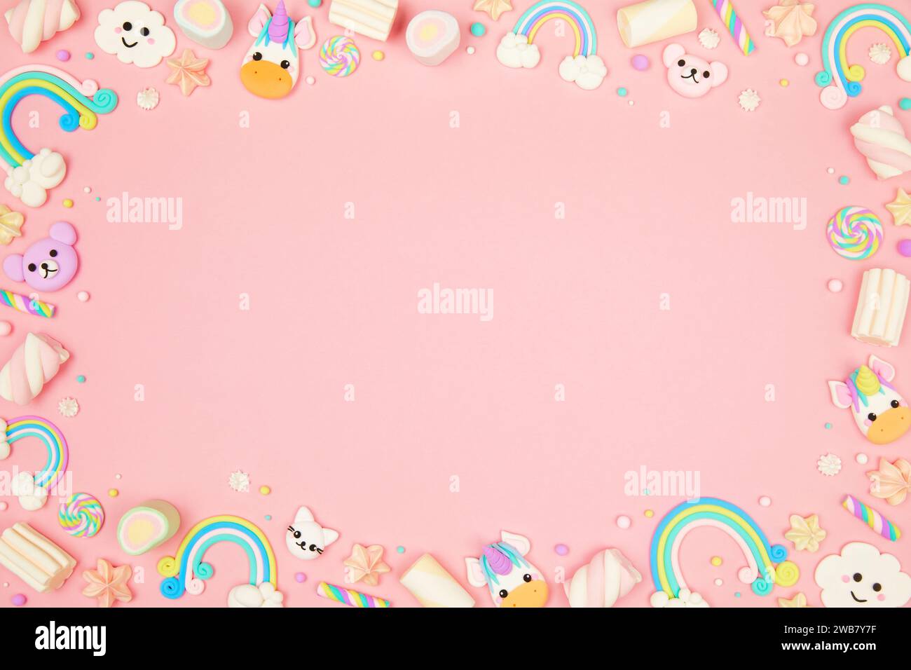 Pink kawaii background with frame made of cute air plasticine cartoon ...