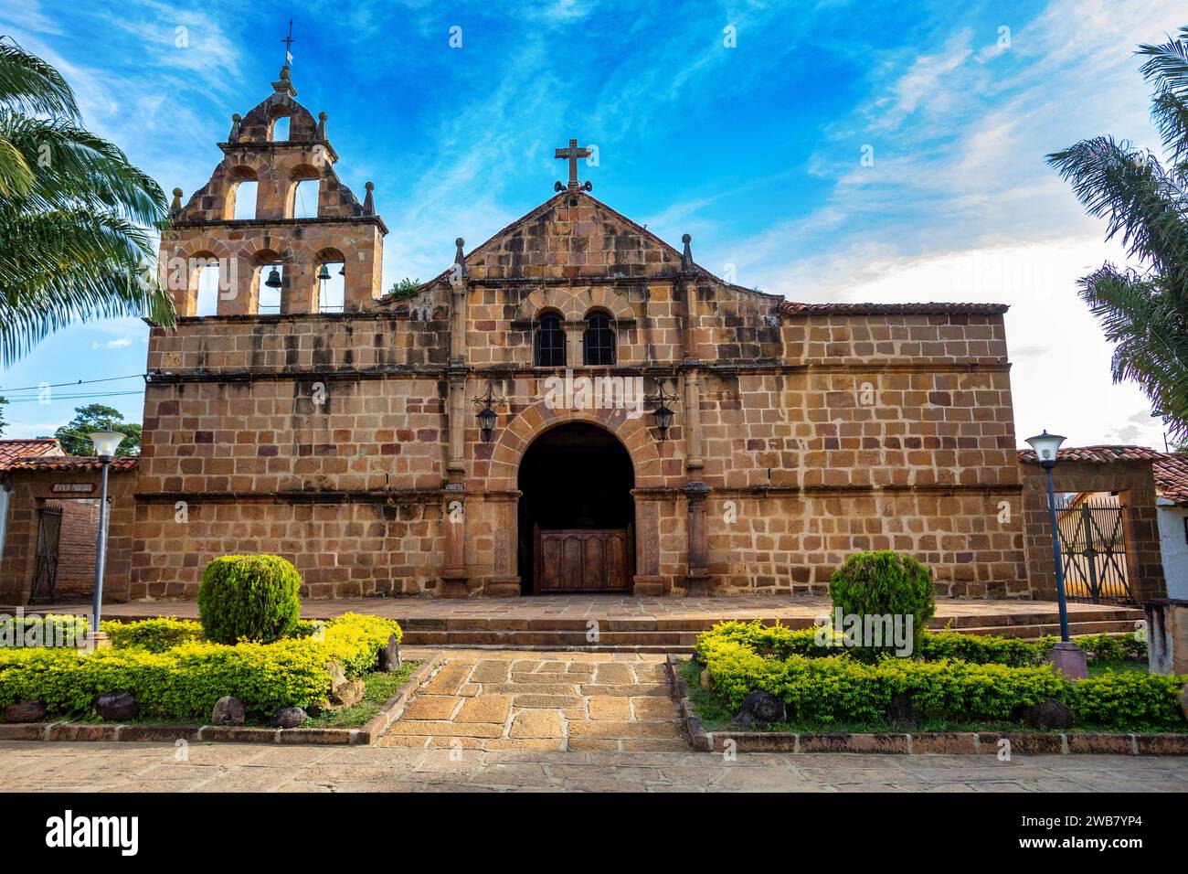 Parish church of Santa Lucia in Guane, Iglesia Parroquial de Santa Lucia, El Camino Real trail Barichara. Historic city with cobbled streets and colon Stock Photo