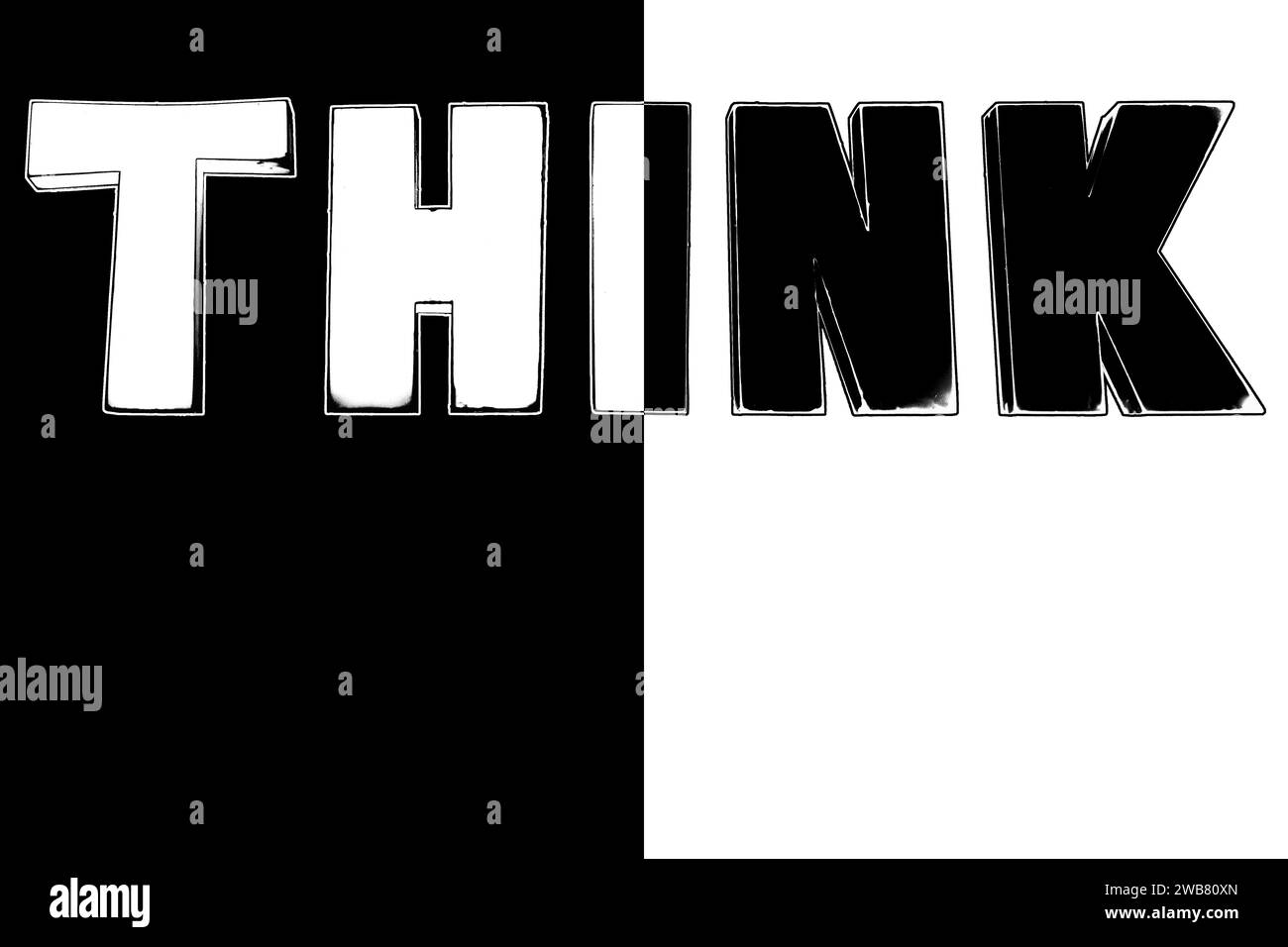 Word THINK big letters black white background isolated closeup, think outside box concept, think different, creative idea design Stock Photo