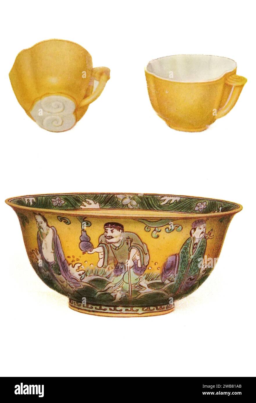 Wine-cup and Bowl of porcelain with yellow glaze outside and white inside. Ming dynasty, sixteenth century. from Chinese art : one hundred plates in colour reproducing pottery & porcelain of all periods, jades, lacquer, paintings, bronzes, furniture, etc., etc. by   Hobson, R. L. (Robert Lockhart), 1872-1941 Publication date 1927 Publisher New York : The Macmillan Company Stock Photo