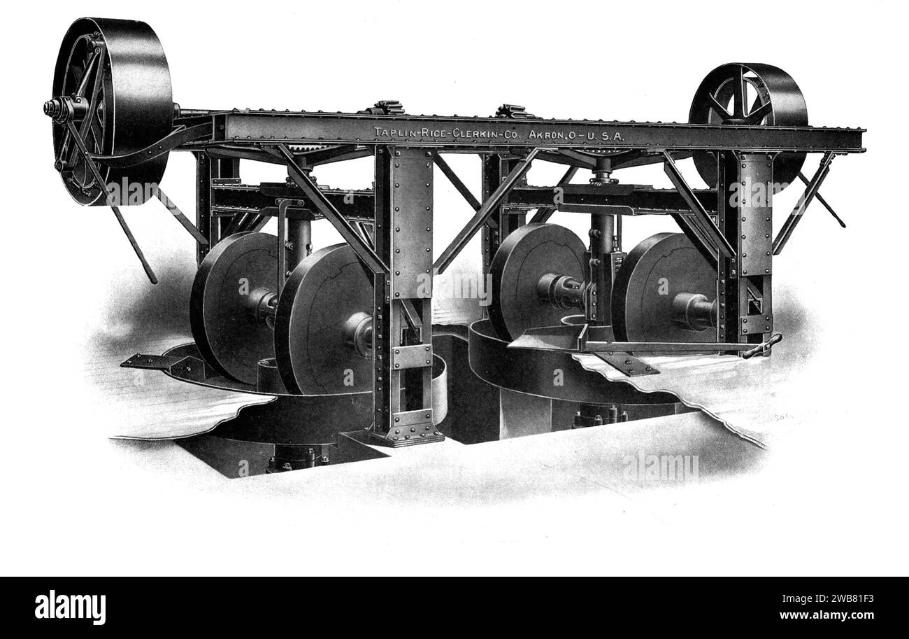 8-Foot Wet Pans in Duplex Steel Frame from the catalogue Pioneer clay working machinery FOR THE MANUFACTURE OF SEWER PIPE, DRAIN TILE, CONDUITS,  STONEWARE, BRICK AND OTHER CLAY PRODUCTS by Taplin-Rice-Clerkin Co. Akron, Ohio 1922 Stock Photo