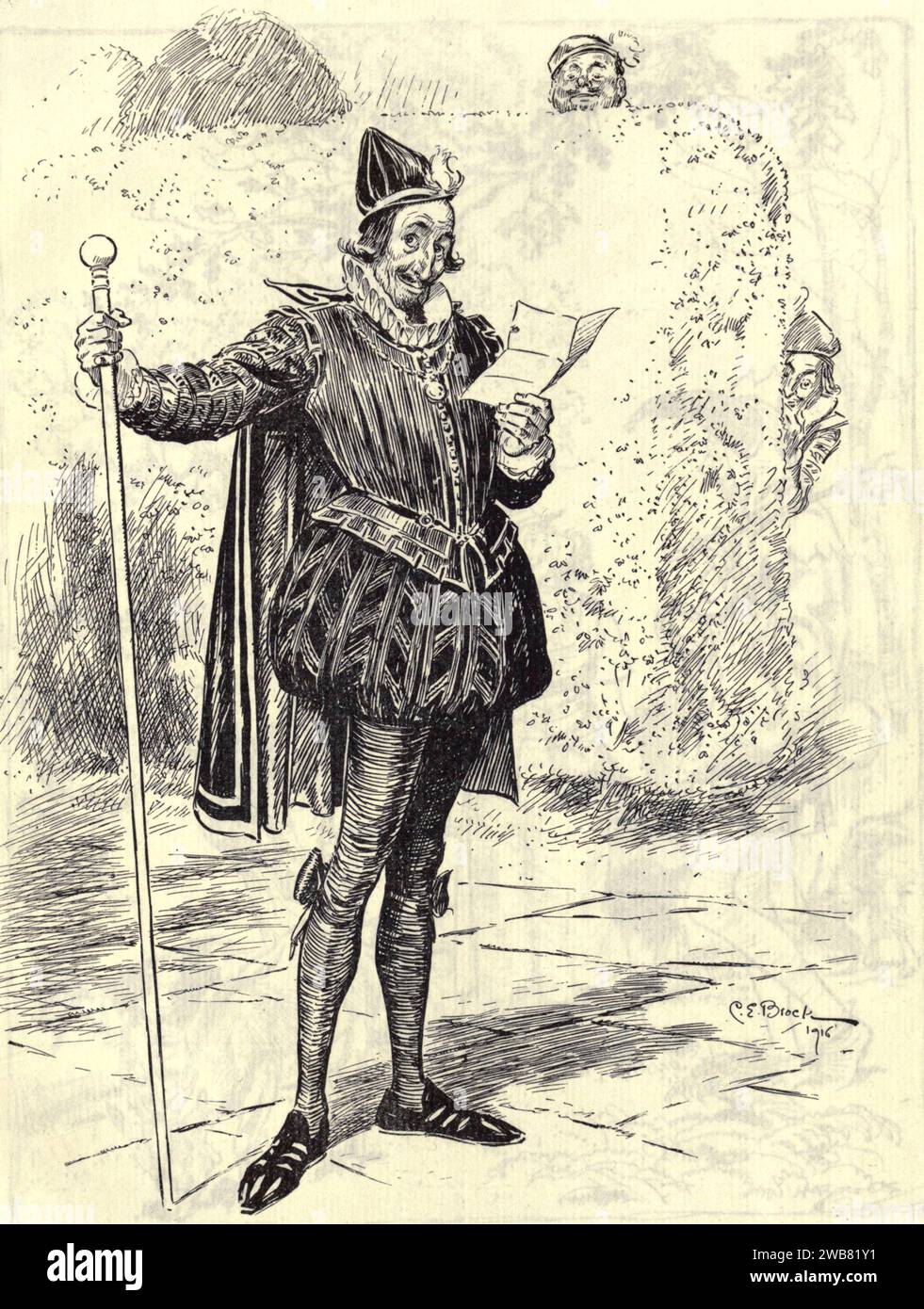 Malvolio Jove, I thank thee: I will smile : I will do anything that thou wilt have me. Twelfth Night, Act III. Sc. iii. by CHARLES E. BROCK, R.I. A Tribute to the genius of William Shakespeare; being the programme of a performance at Drury Lane Theatre on May 2, 1916, the tercentenary of his death; humbly offered by the players and their fellow-workers in the kindred arts of music & painting MACMILLAN AND CO., LIMITED ST. MARTIN'S STREET, LONDON 1916 Stock Photo
