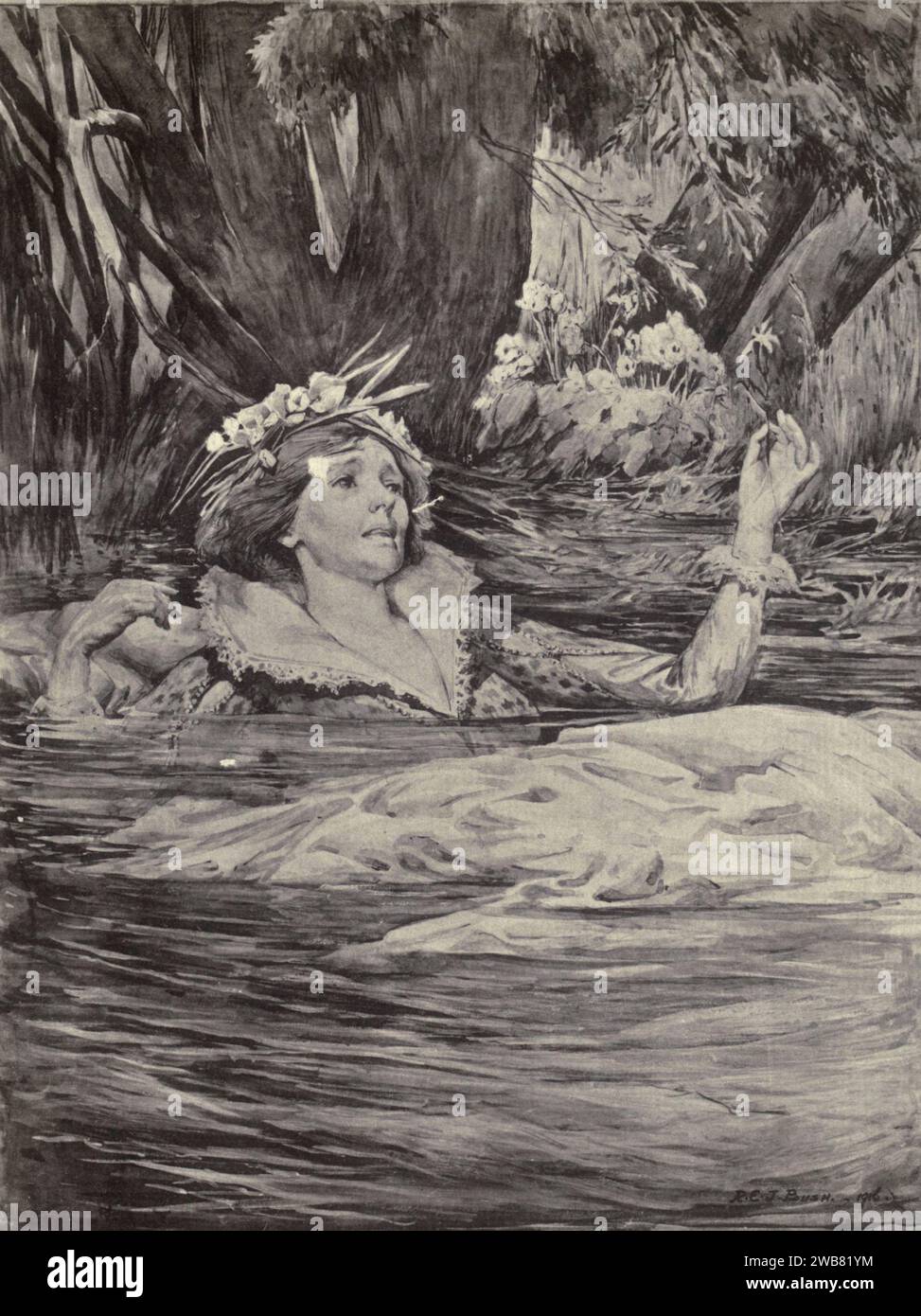 Ophelia. [Hamlet] by R. E. J. BUSH, from A Tribute to the genius of William Shakespeare; being the programme of a performance at Drury Lane Theatre on May 2, 1916, the tercentenary of his death; humbly offered by the players and their fellow-workers in the kindred arts of music & painting MACMILLAN AND CO., LIMITED ST. MARTIN'S STREET, LONDON 1916 Stock Photo