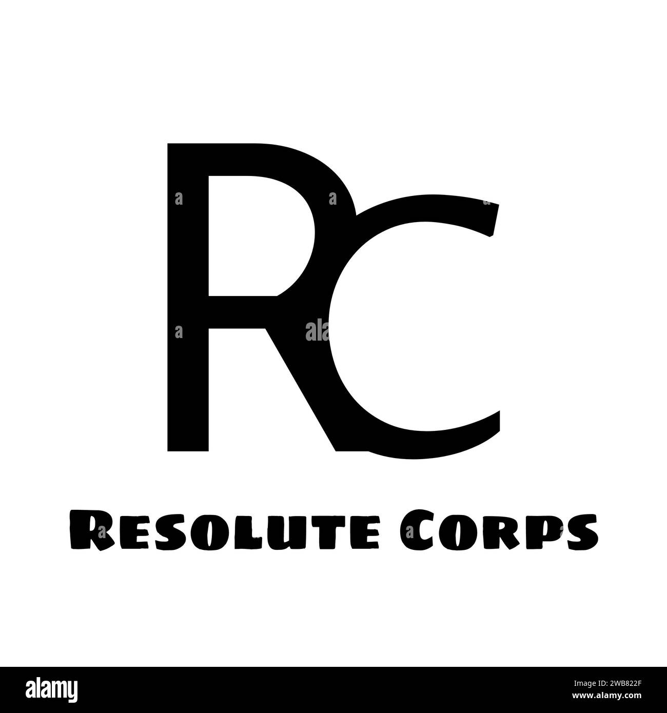 Resolute corps text in black with black r and c letters logo on white background. Strength