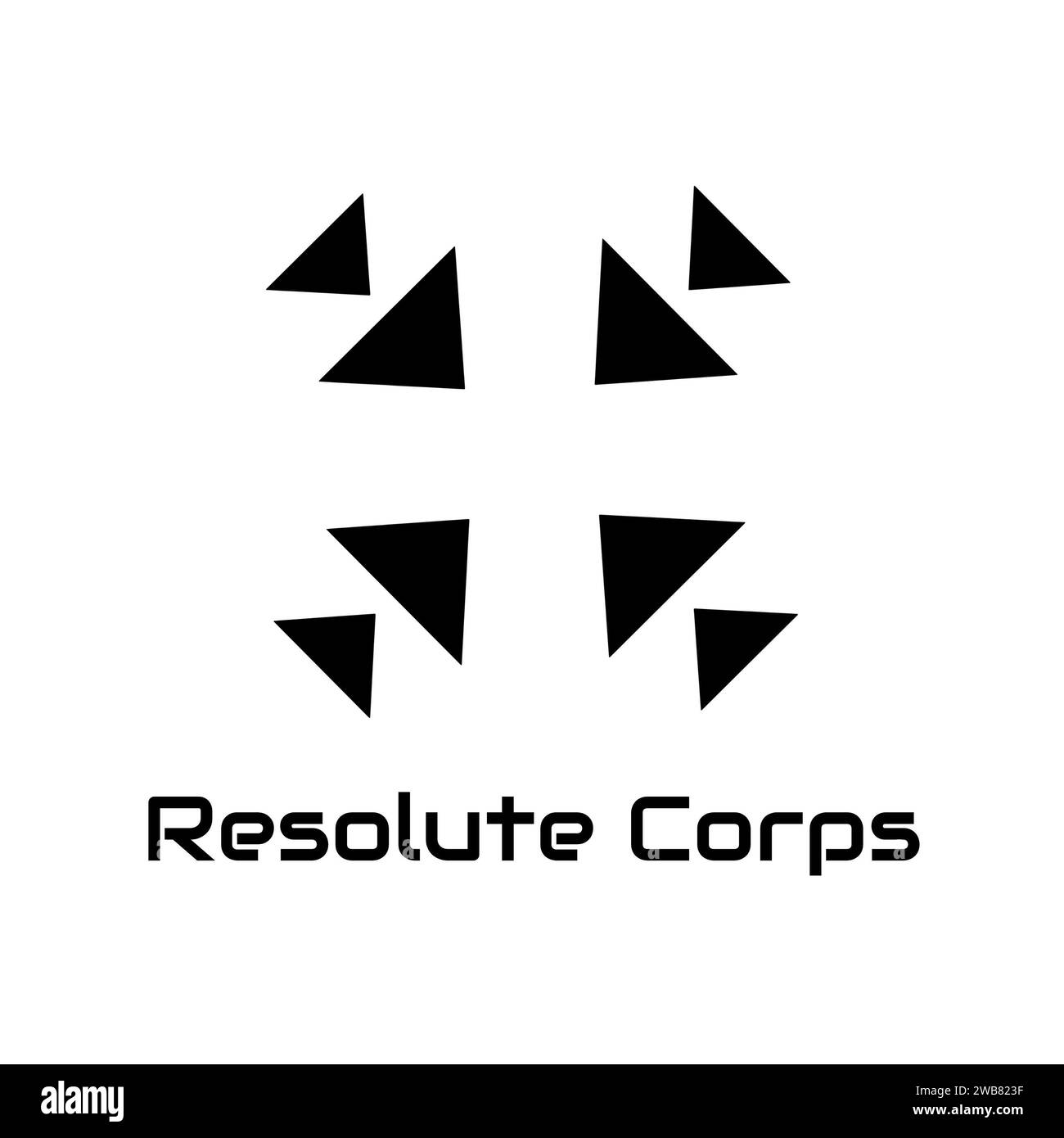 Resolute corps text in black with black triangles logo on white