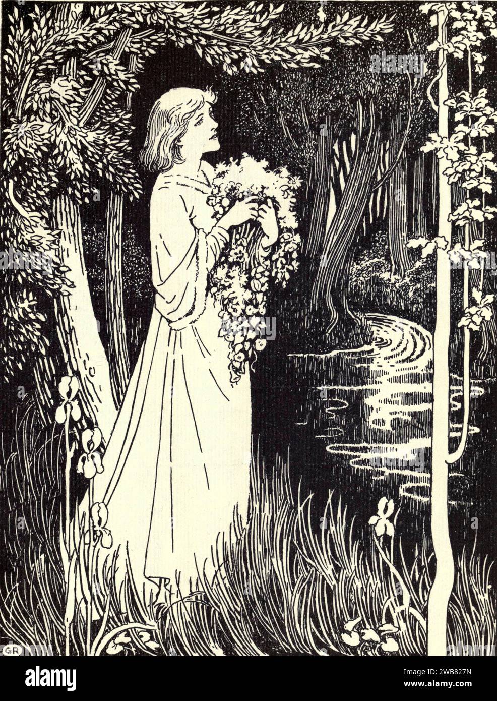 Miss Ellen Terry as Ophelia by W. GRAHAM ROBERTSON from A Tribute to the genius of William Shakespeare; being the programme of a performance at Drury Lane Theatre on May 2, 1916, the tercentenary of his death; humbly offered by the players and their fellow-workers in the kindred arts of music & painting MACMILLAN AND CO., LIMITED ST. MARTIN'S STREET, LONDON 1916 Stock Photo