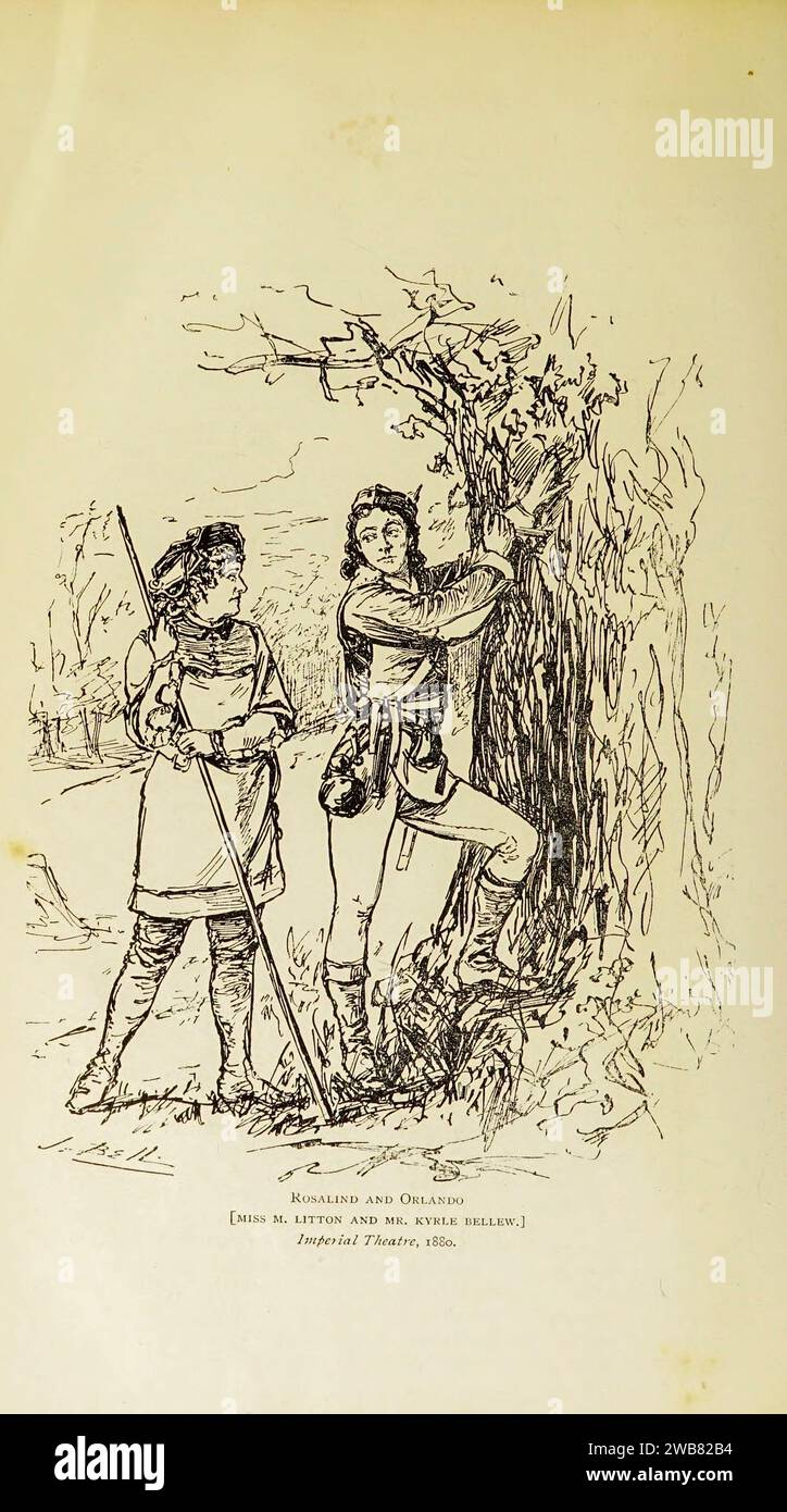 Rosalind and Orlando [Marie Litton and Kyrle Bellew] 1880 As You Like It by William Shakespeare from the book ' THE THEATRE ' A Monthly Review THE DRAMA, MUSIC, AND THE FINE ARTS. EDITED BY CLEMENT SCOTT. JANUARY to JUNE, 1880. Published in LONDON by CHARLES DICKENS & EVANS, 26, WELLINGTON STREET. Stock Photo