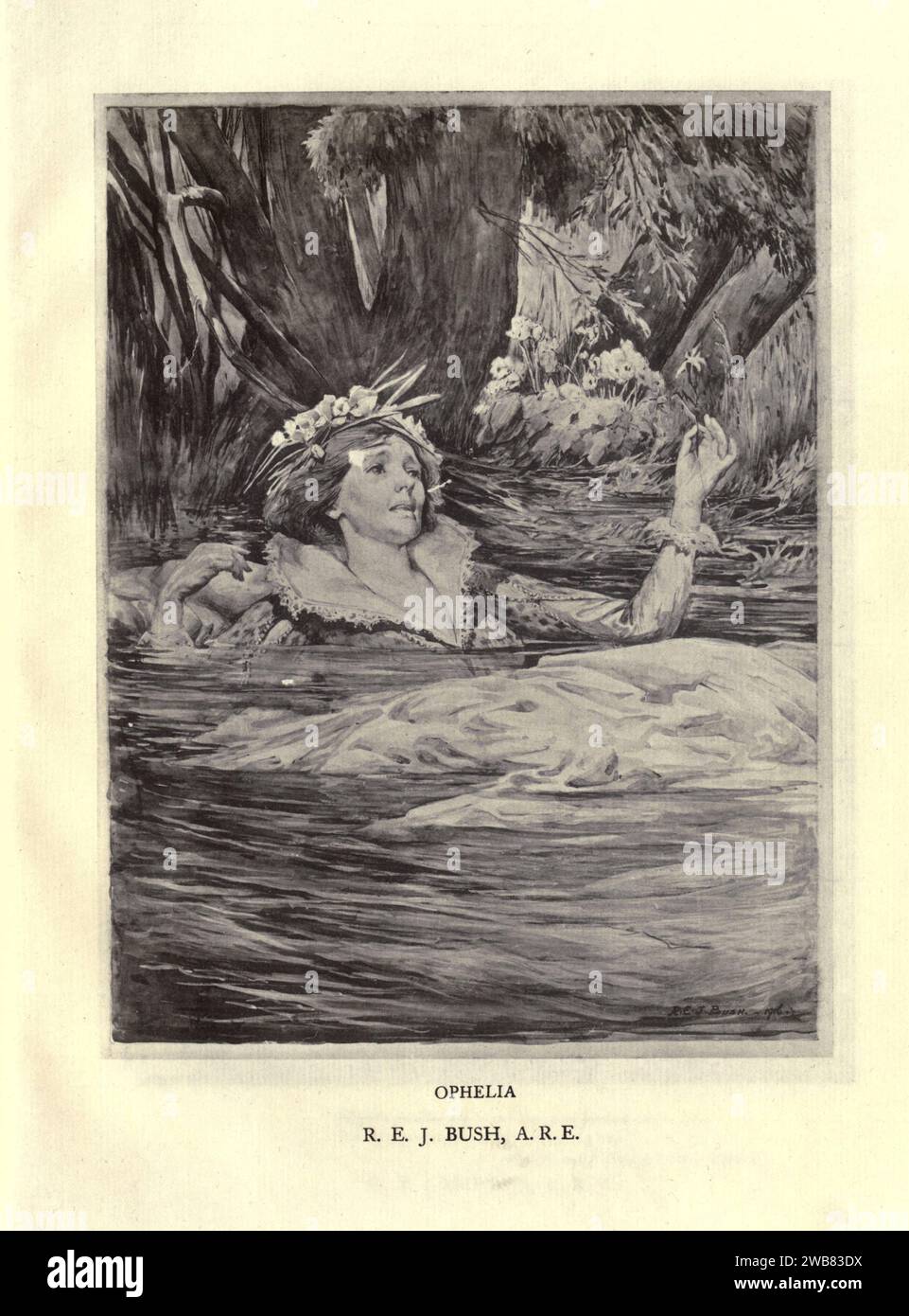 Ophelia. [Hamlet] by R. E. J. BUSH, from A Tribute to the genius of William Shakespeare; being the programme of a performance at Drury Lane Theatre on May 2, 1916, the tercentenary of his death; humbly offered by the players and their fellow-workers in the kindred arts of music & painting MACMILLAN AND CO., LIMITED ST. MARTIN'S STREET, LONDON 1916 Stock Photo