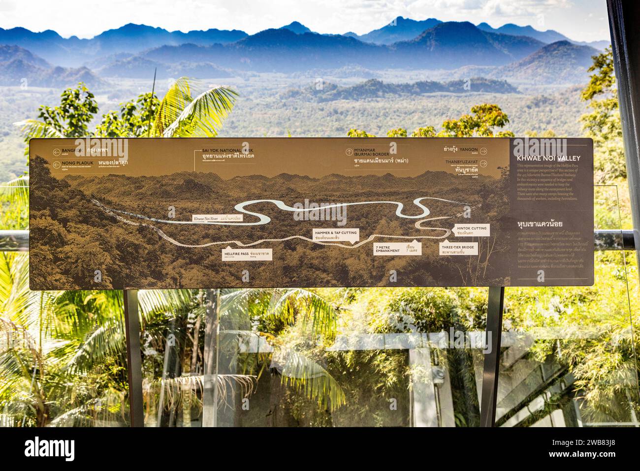 The  Khwae Noi Valley information sign and map at Hellfire Pass on the Thai-Burma Railway Kanchanaburi, Thailand. Stock Photo