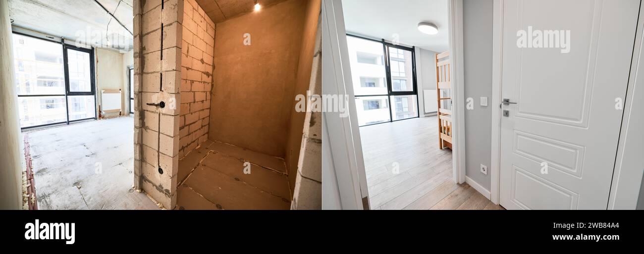 Visual Reference: Old Apartment With Brick Walls And New Renovated Flat Doors