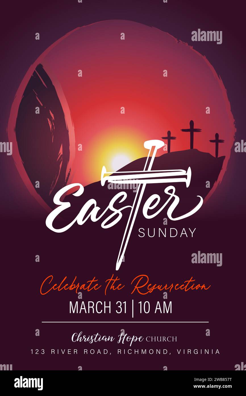 Easter Sunday church banner template with nail cross. Celebrate the Resurrection, christian vector illustration for social media or poster Stock Vector