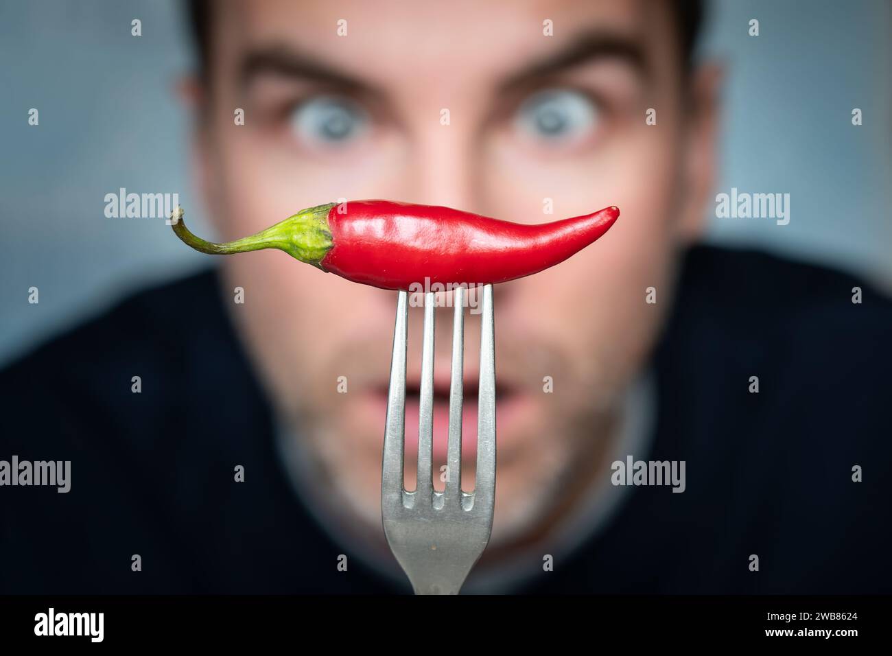 ridiculous expression of man with hot chillies in his hand. a man is afraid to eat hot peppers. Stock Photo