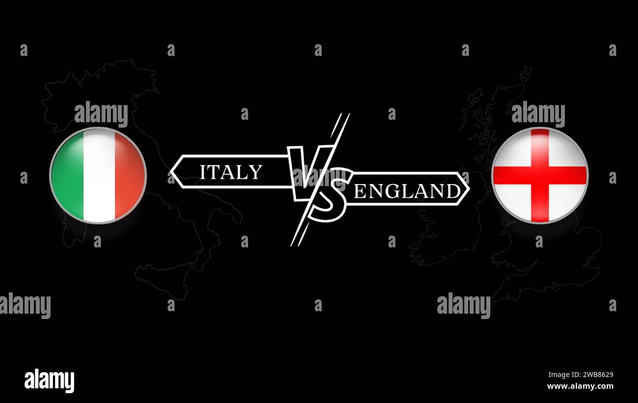 italy vs England in Rugby Tournament round 5, circle shaped country flag and country map on black background. Vector template. Stock Vector
