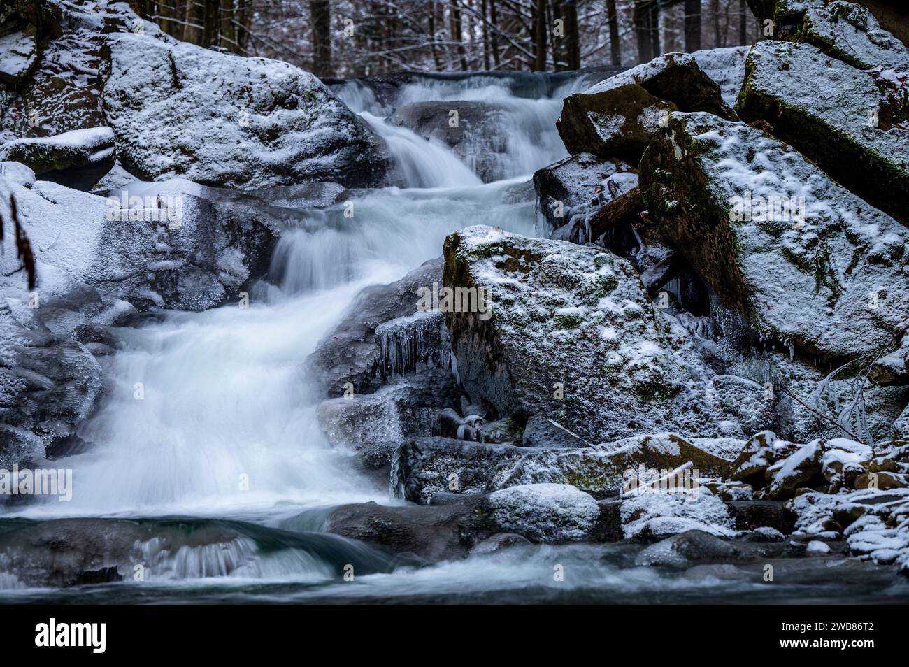 Szepit waterfall on the Hylaty stream in the village of Zatwarnica. Bieszczady Mountains, Poland. Stock Photo