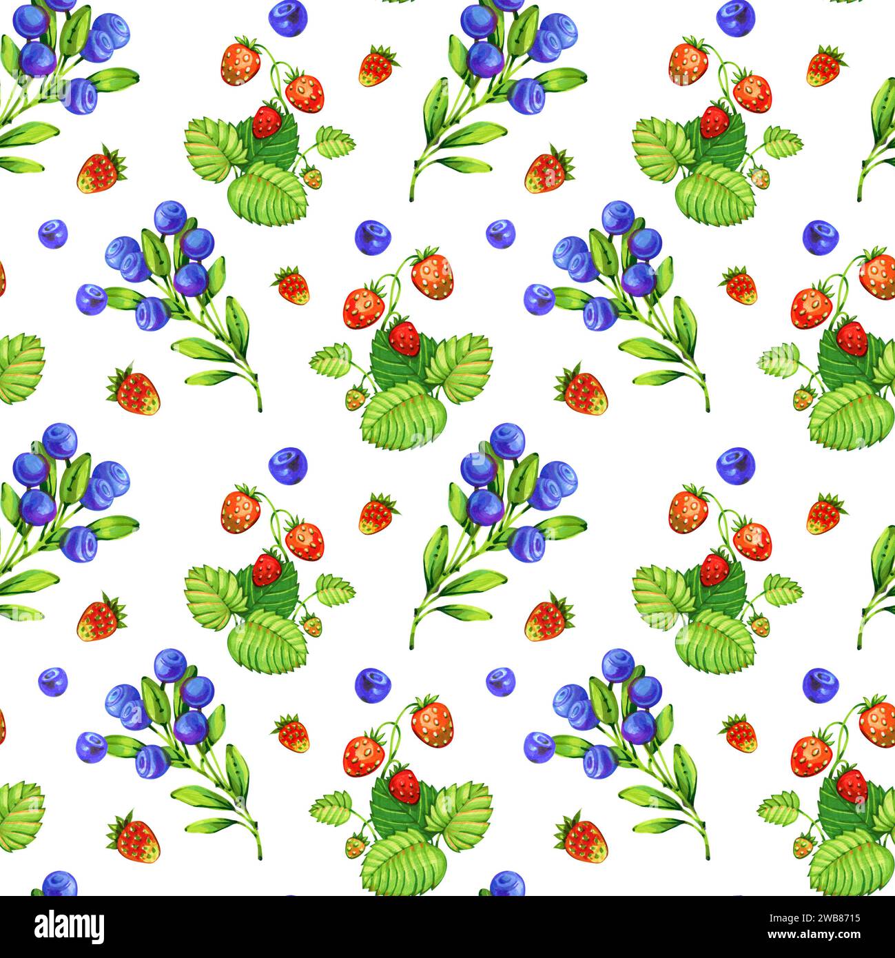Seamless pattern with decorative forest berries, green branches drawn by markers Stock Photo