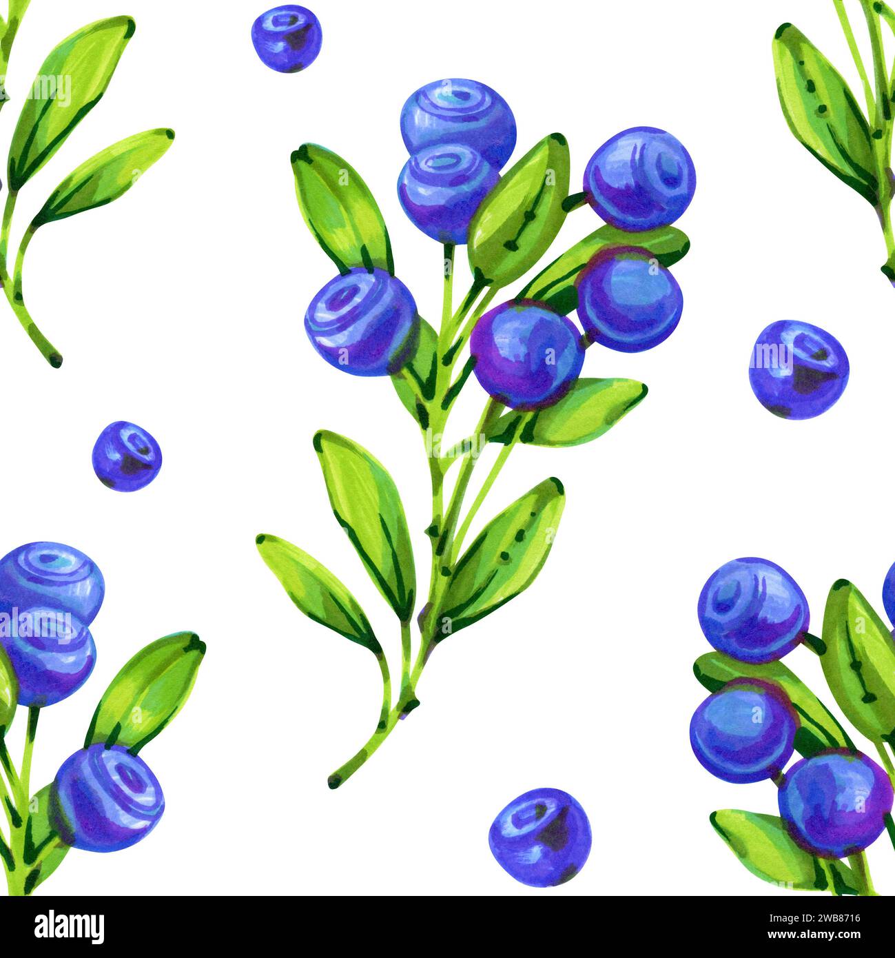 Seamless pattern of forest plants blueberry drawn with markers. For fabric, sketchbook cover, wallpaper, print, textile, your design. Stock Photo
