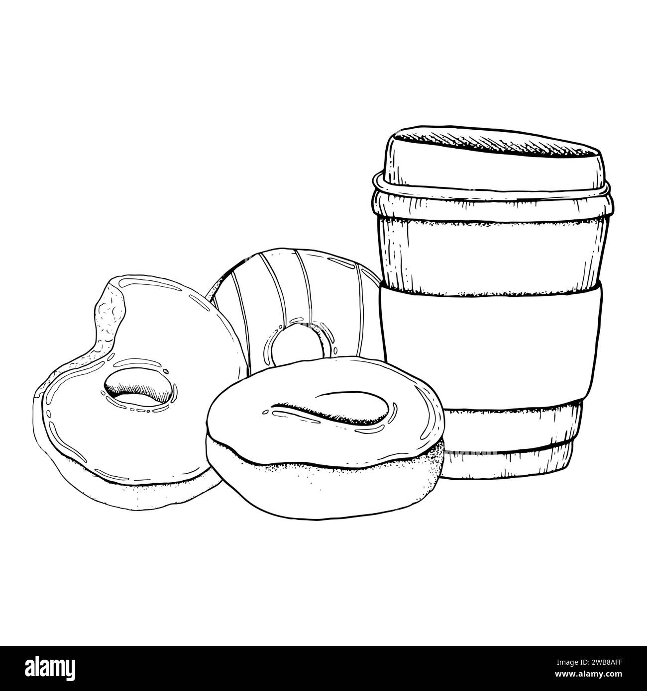 Vector donuts with glaze and coffee to go cup black and white graphic
