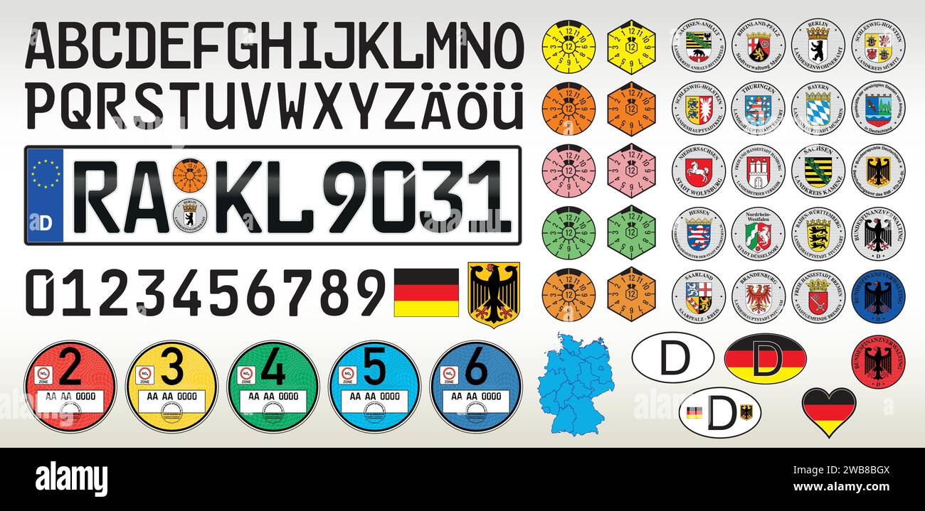 Germany car license plate with numbers, letters and symbols, EU, vector illustration Stock Vector