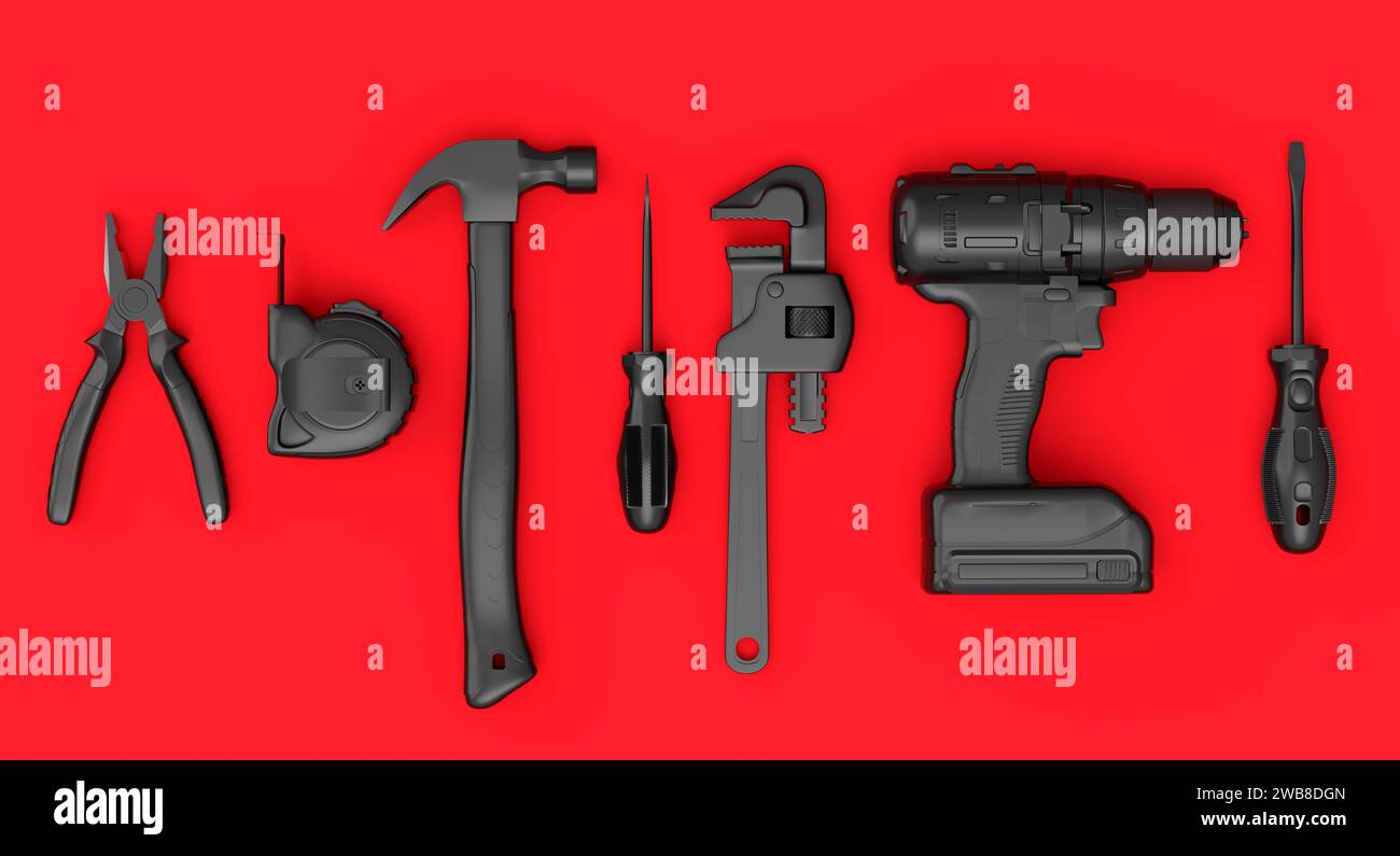 Top view of monochrome construction tools for repair and installation ...
