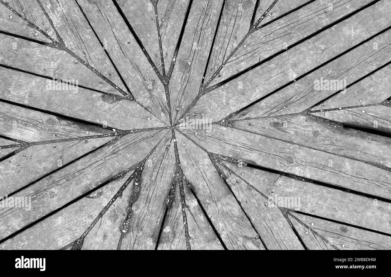 Old outdoor wooden floor geometric pattern, background black and white photo texture Stock Photo