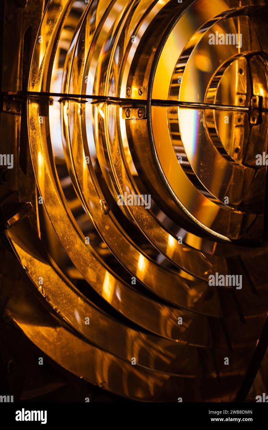 Close up vertical photo of a lighthouse lamp with Fresnel lens. It is a type of composite compact lens developed by the French physicist Augustin-Jean Stock Photo