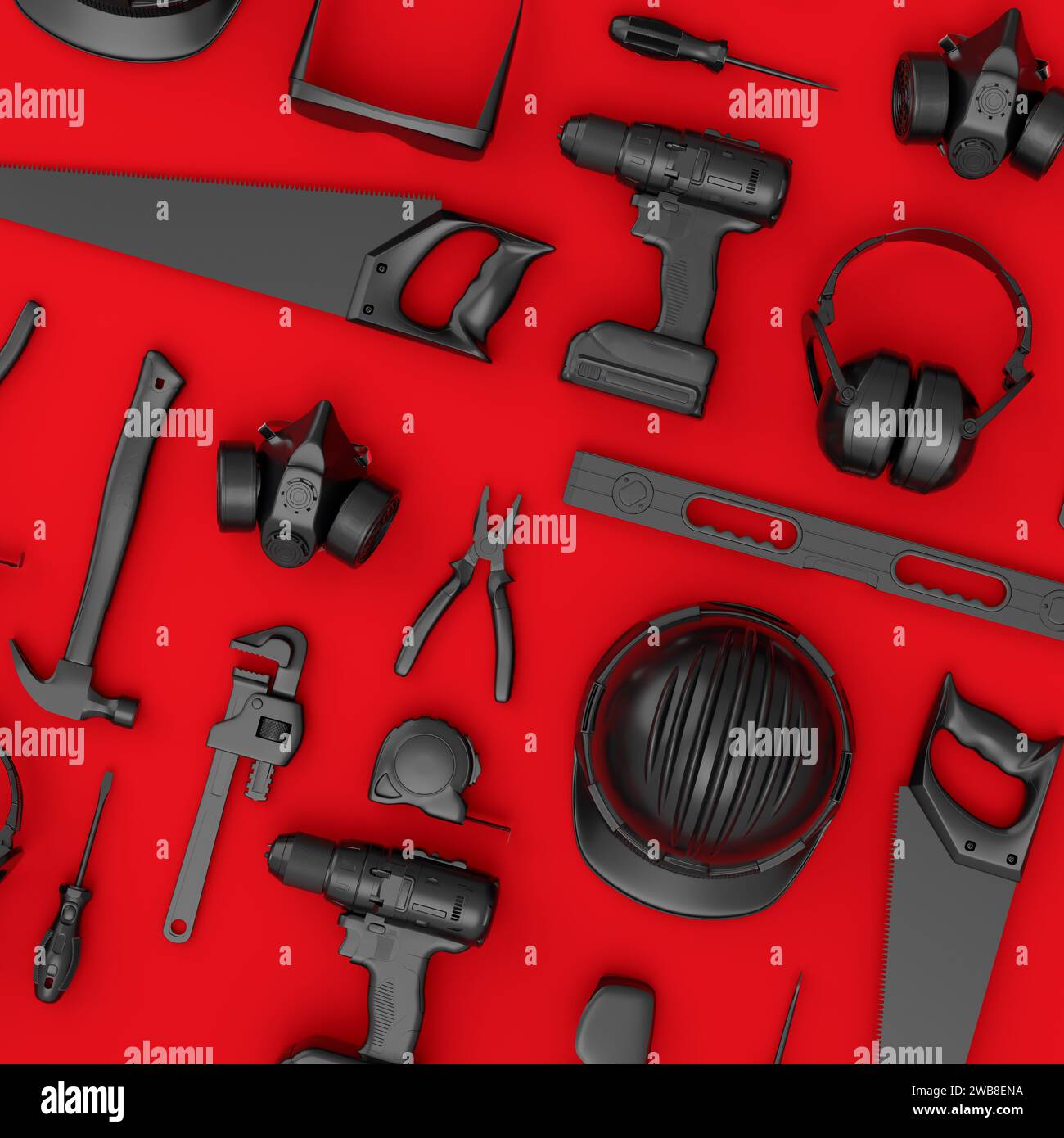 Top view of monochrome construction tools for repair and installation ...